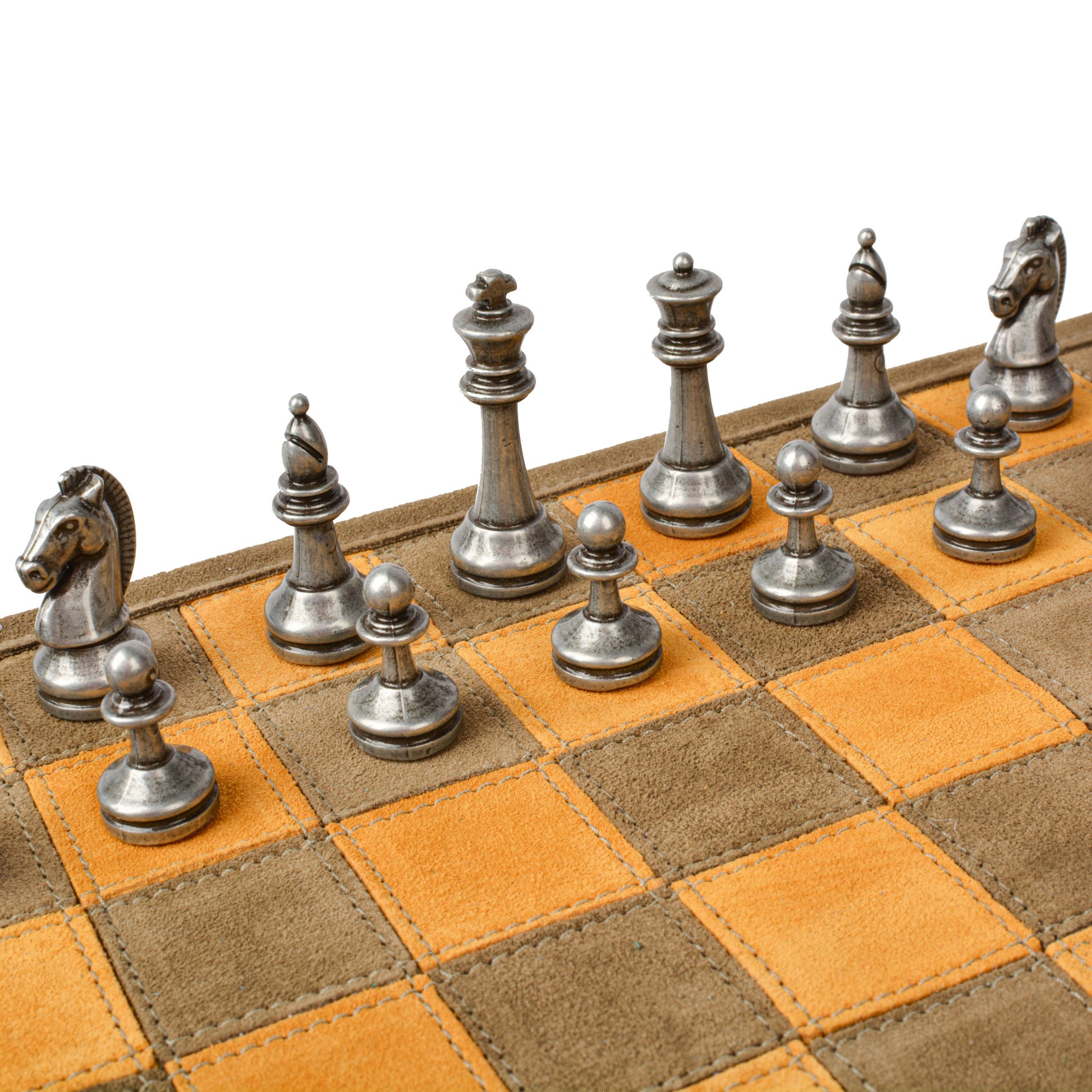 Premium Handcrafted Khaki Brown Suede Roll-Up Chess Set with Metal Chessmen - Premium Chess from MANOPOULOS Chess & Backgammon - Just €192! Shop now at MANOPOULOS Chess & Backgammon