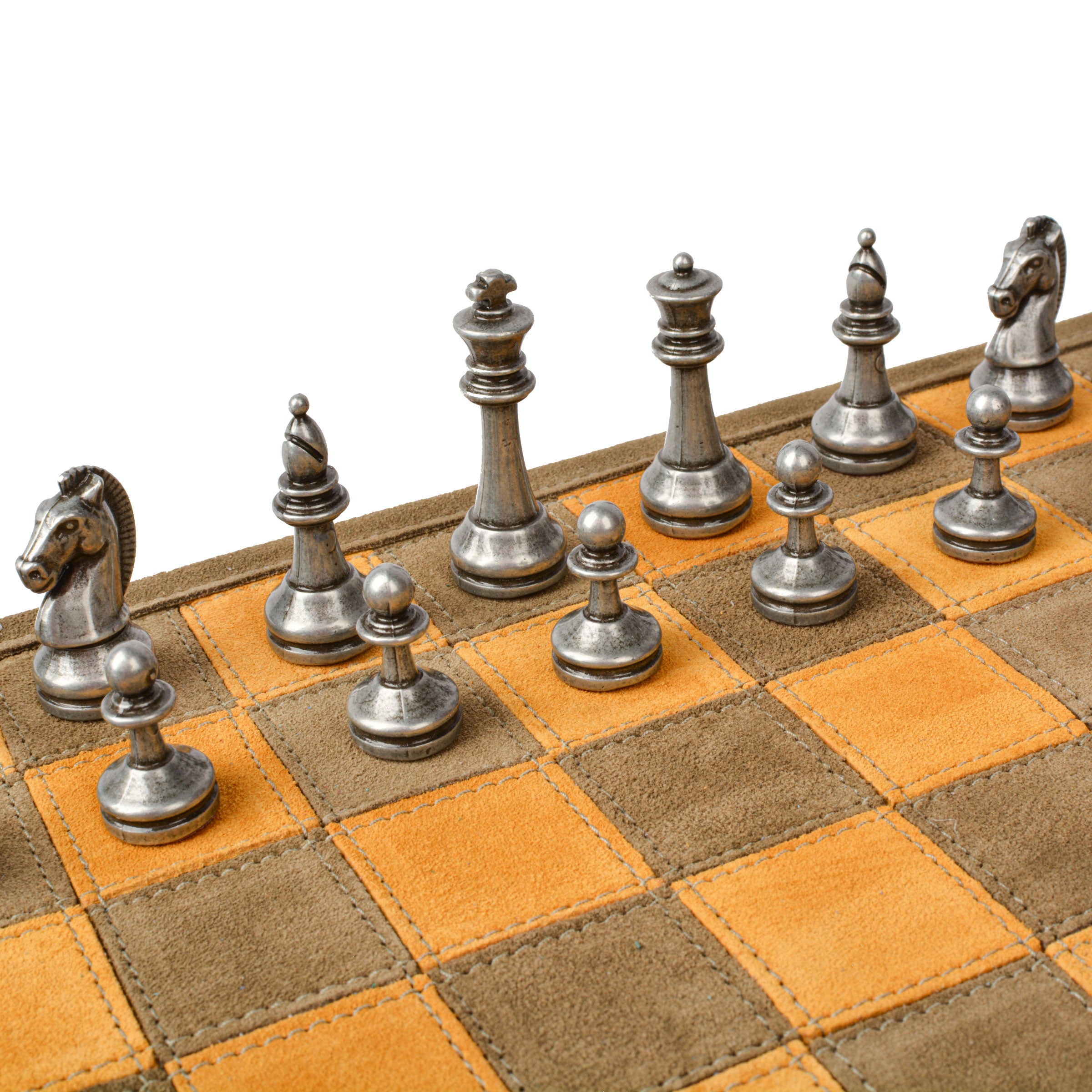 Premium Handcrafted Khaki Brown Suede Roll-Up Chess Set with Metal Chessmen - Premium Chess from MANOPOULOS Chess & Backgammon - Just €192! Shop now at MANOPOULOS Chess & Backgammon