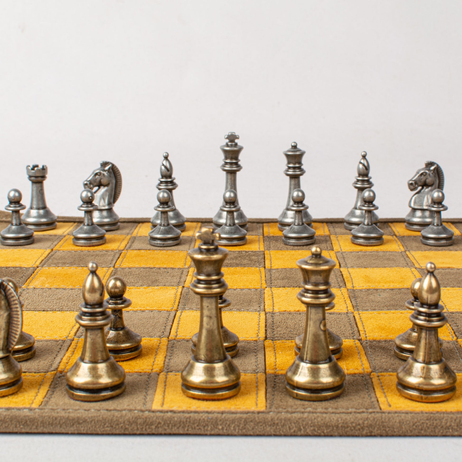 Premium Handcrafted Khaki Brown Suede Roll-Up Chess Set with Metal Chessmen - Premium Chess from MANOPOULOS Chess & Backgammon - Just €192! Shop now at MANOPOULOS Chess & Backgammon