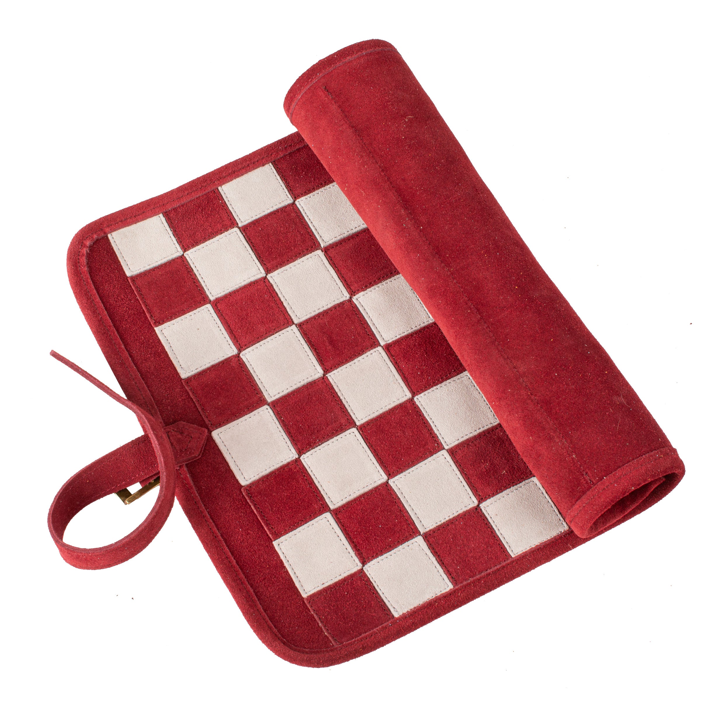 Premium Handcrafted Burgundy Red Suede Roll-Up Chess Set with Metal Chessmen - Premium Chess from MANOPOULOS Chess & Backgammon - Just €192! Shop now at MANOPOULOS Chess & Backgammon