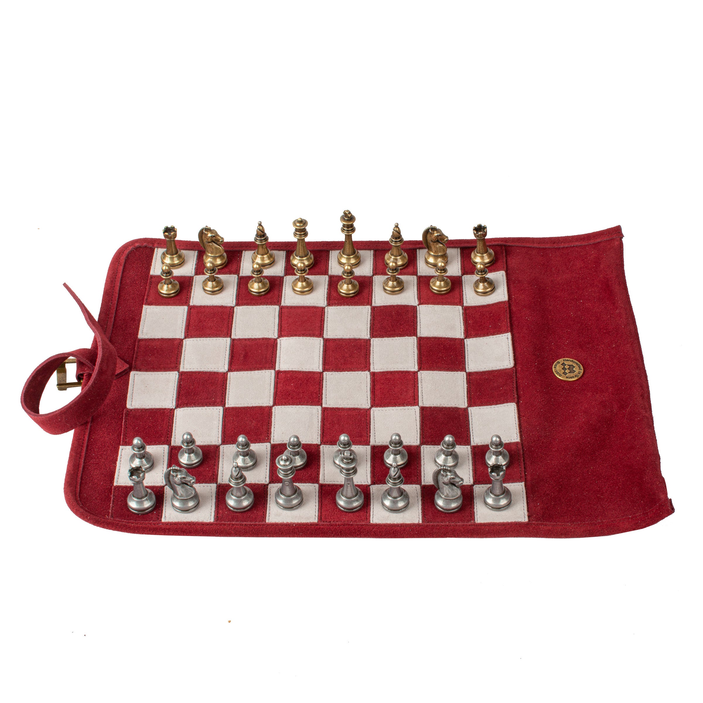 Premium Handcrafted Burgundy Red Suede Roll-Up Chess Set with Metal Chessmen - Premium Chess from MANOPOULOS Chess & Backgammon - Just €192! Shop now at MANOPOULOS Chess & Backgammon