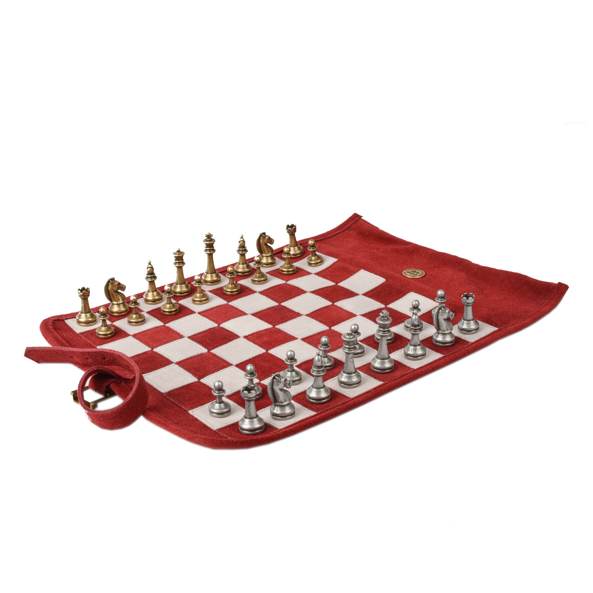 Premium Handcrafted Burgundy Red Suede Roll-Up Chess Set with Metal Chessmen - Premium Chess from MANOPOULOS Chess & Backgammon - Just €192! Shop now at MANOPOULOS Chess & Backgammon