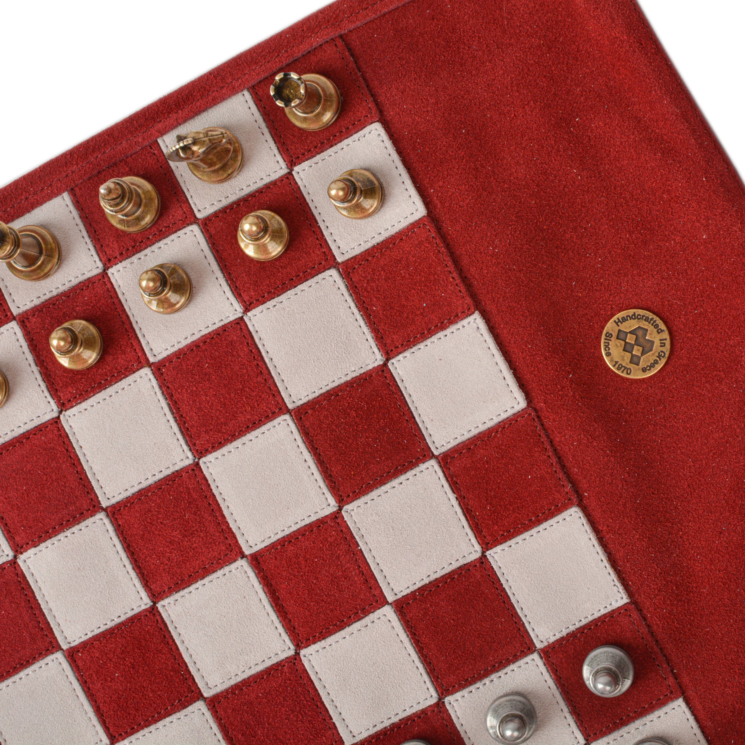 Premium Handcrafted Burgundy Red Suede Roll-Up Chess Set with Metal Chessmen - Premium Chess from MANOPOULOS Chess & Backgammon - Just €192! Shop now at MANOPOULOS Chess & Backgammon