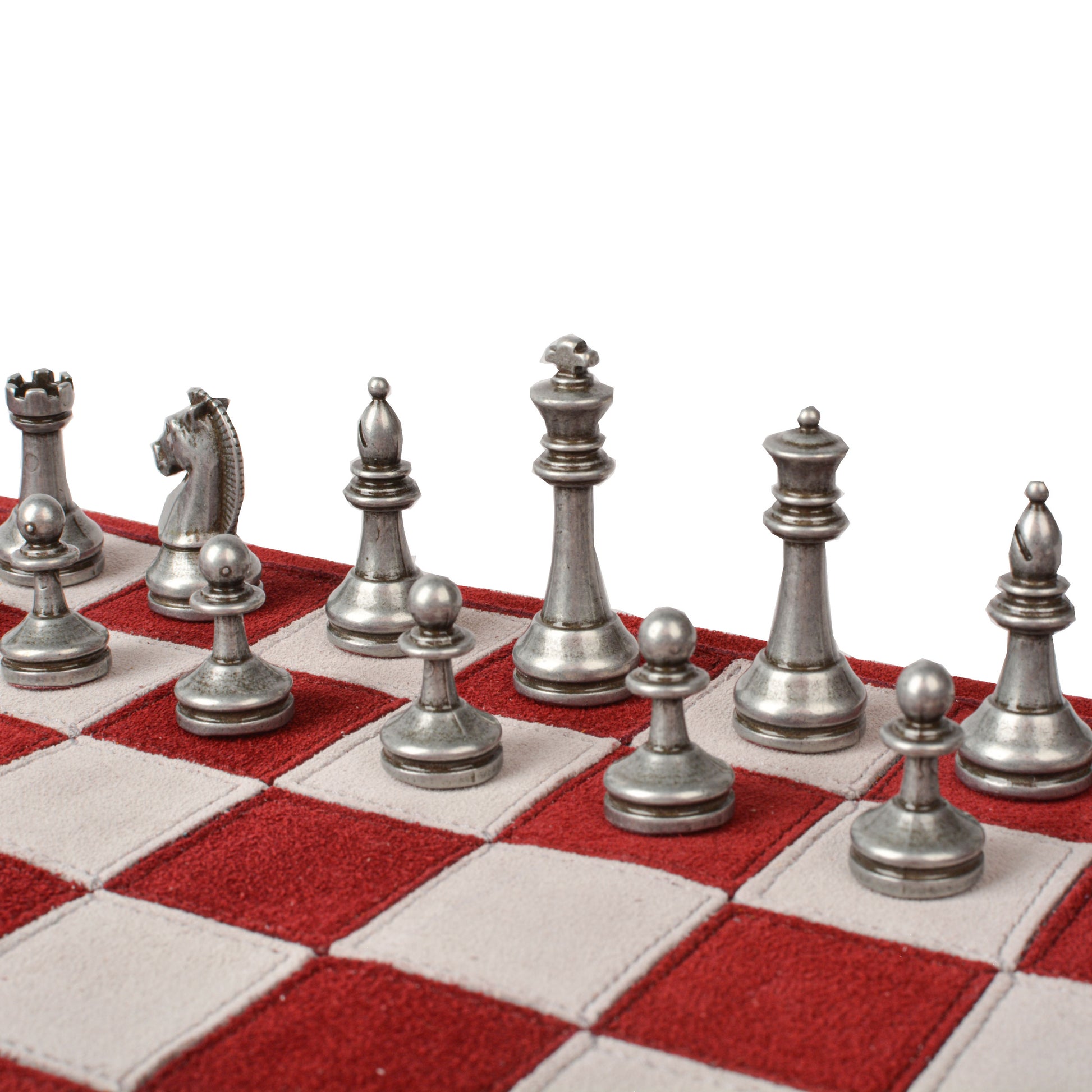 Premium Handcrafted Burgundy Red Suede Roll-Up Chess Set with Metal Chessmen - Premium Chess from MANOPOULOS Chess & Backgammon - Just €192! Shop now at MANOPOULOS Chess & Backgammon