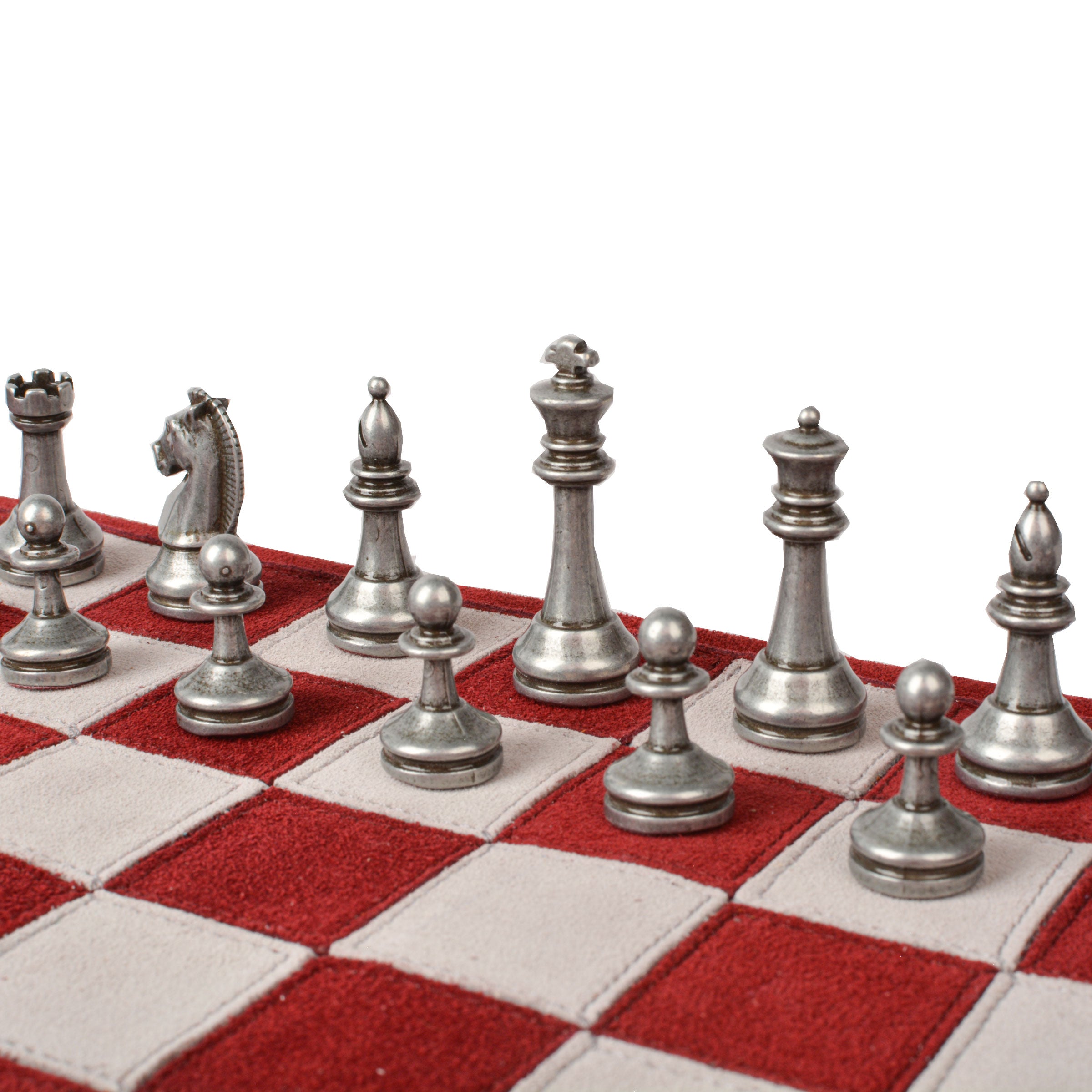 Premium Handcrafted Burgundy Red Suede Roll-Up Chess Set with Metal Chessmen - Premium Chess from MANOPOULOS Chess & Backgammon - Just €192! Shop now at MANOPOULOS Chess & Backgammon