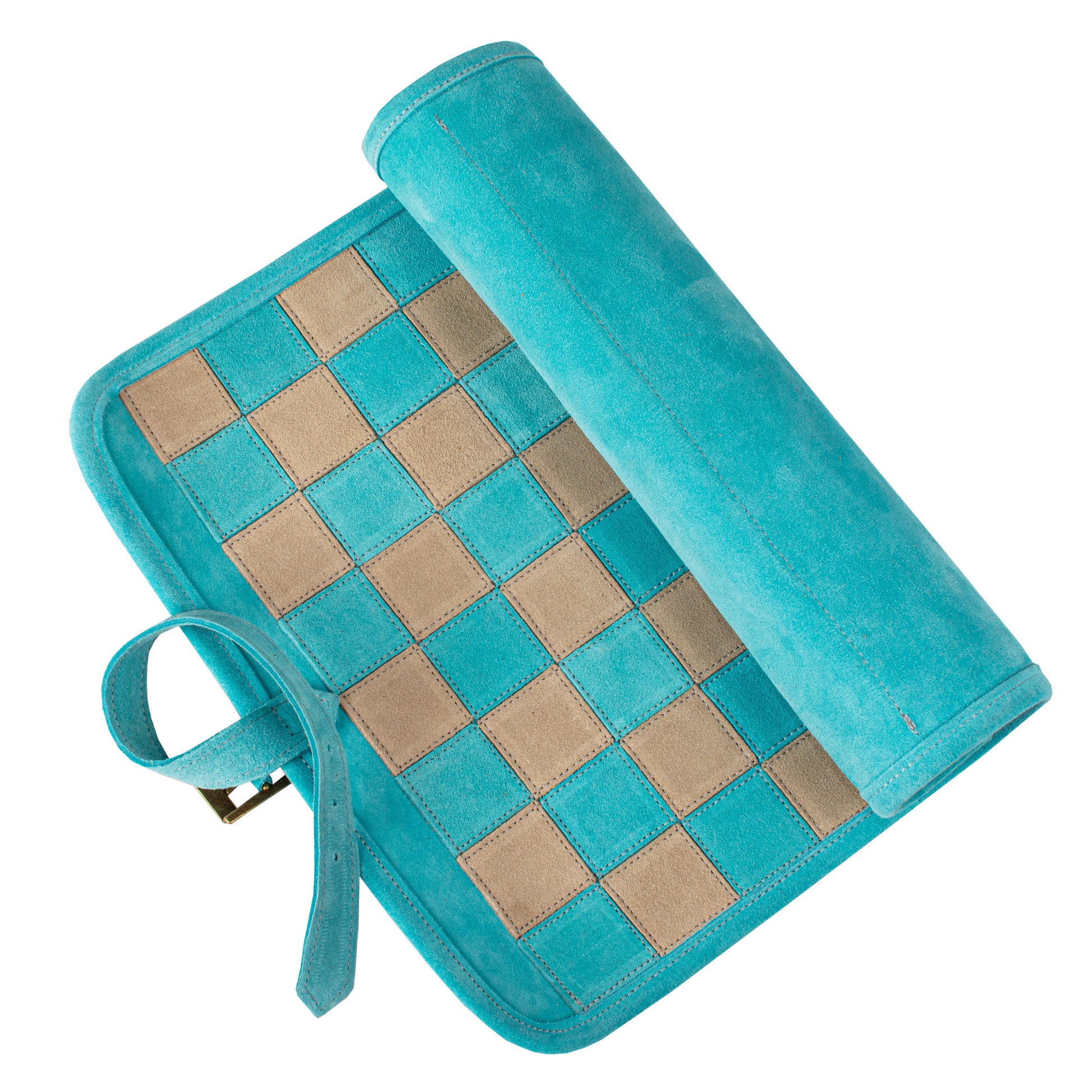 Premium Handcrafted Turquoise Suede Roll-Up Chess Set with Metal Chessmen - Premium Chess from MANOPOULOS Chess & Backgammon - Just €192! Shop now at MANOPOULOS Chess & Backgammon