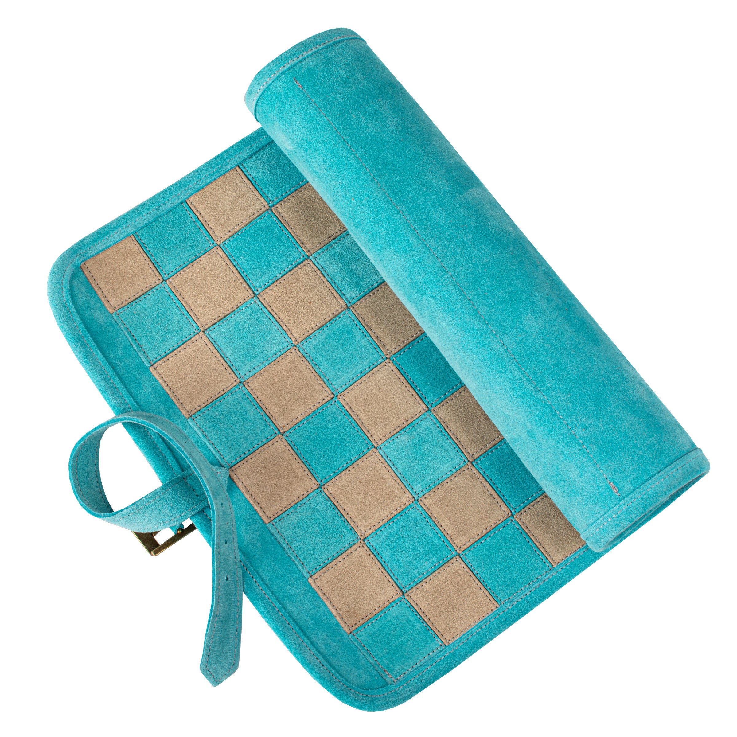 Premium Handcrafted Turquoise Suede Roll-Up Chess Set with Metal Chessmen - Premium Chess from MANOPOULOS Chess & Backgammon - Just €192! Shop now at MANOPOULOS Chess & Backgammon
