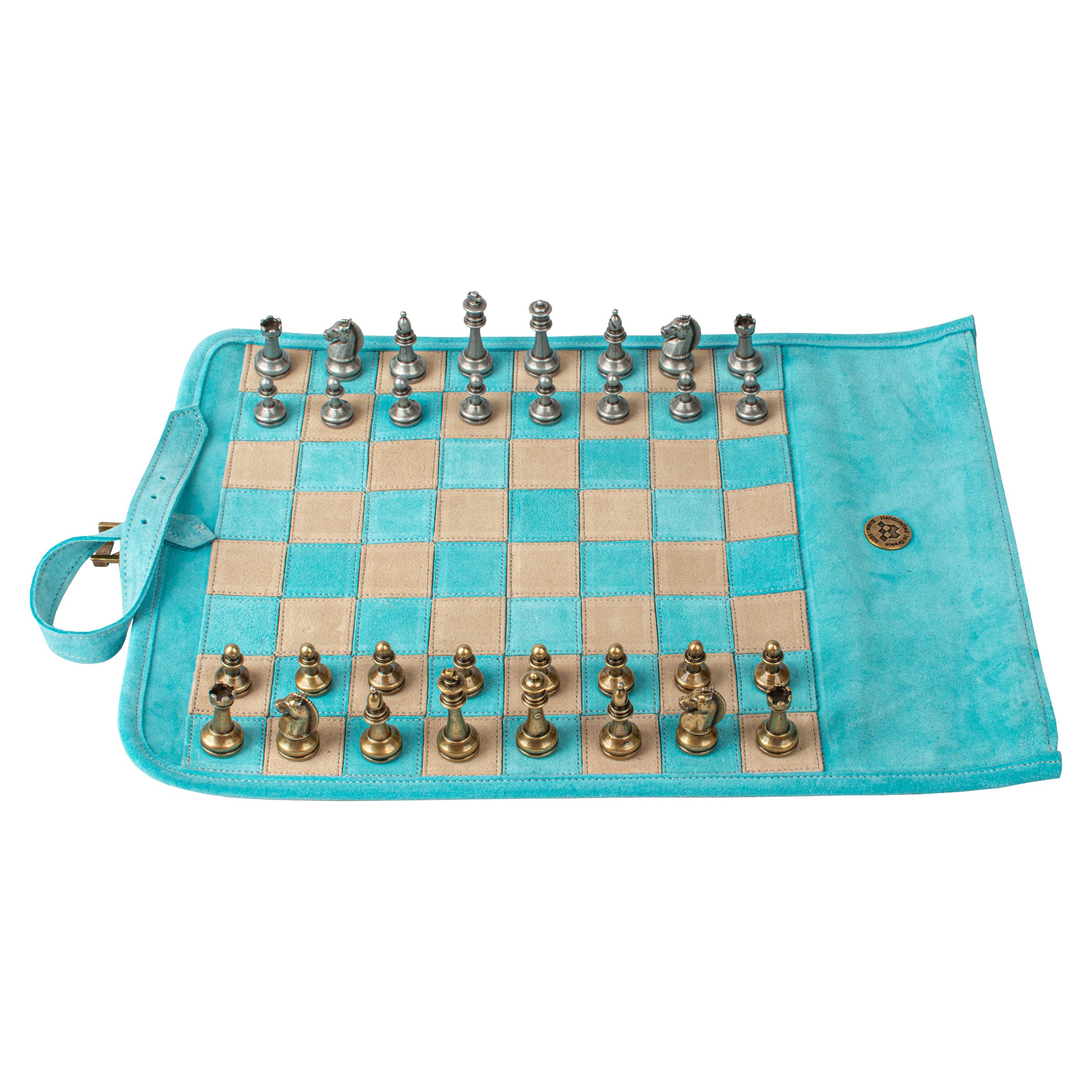 Premium Handcrafted Turquoise Suede Roll-Up Chess Set with Metal Chessmen - Premium Chess from MANOPOULOS Chess & Backgammon - Just €192! Shop now at MANOPOULOS Chess & Backgammon