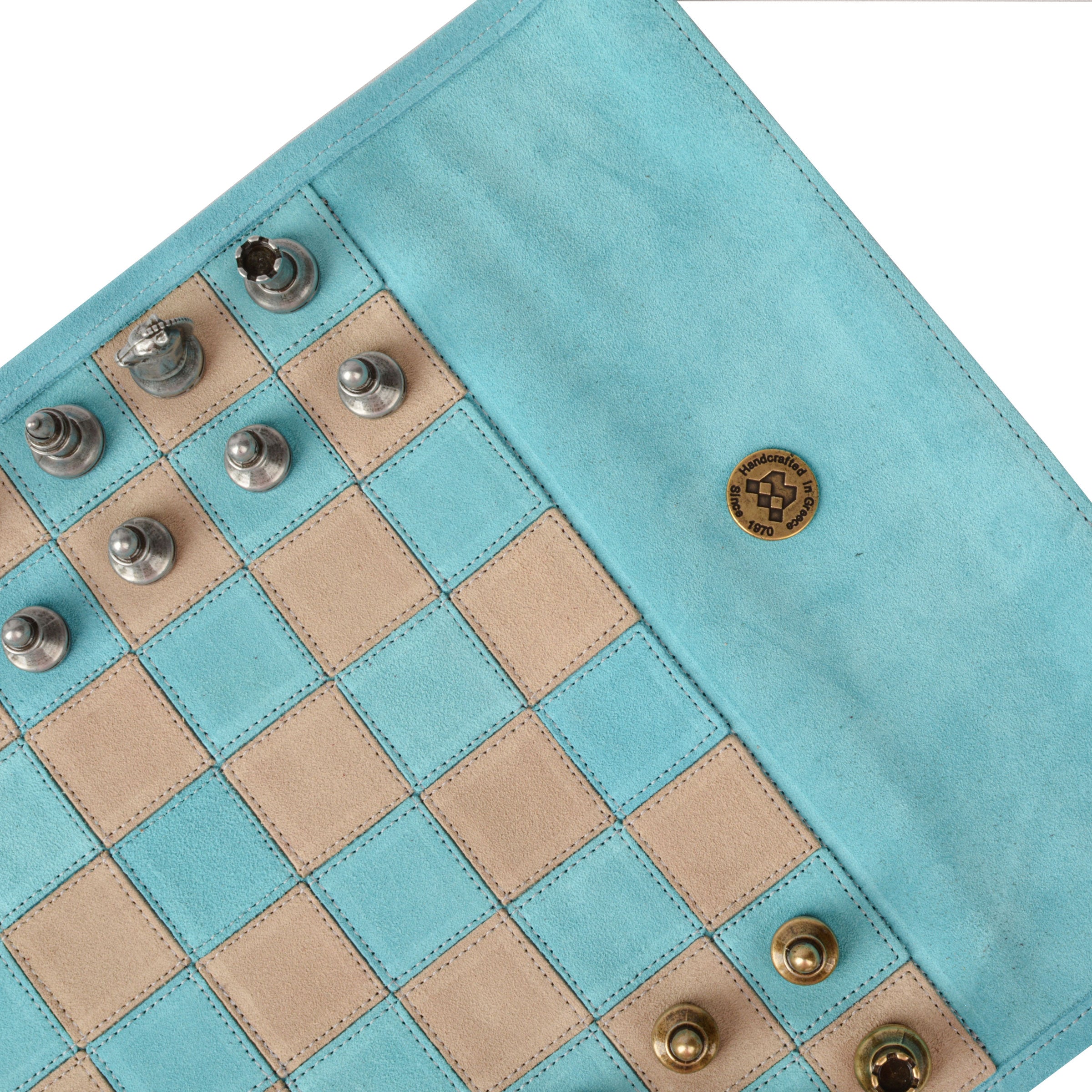 Premium Handcrafted Turquoise Suede Roll-Up Chess Set with Metal Chessmen - Premium Chess from MANOPOULOS Chess & Backgammon - Just €192! Shop now at MANOPOULOS Chess & Backgammon