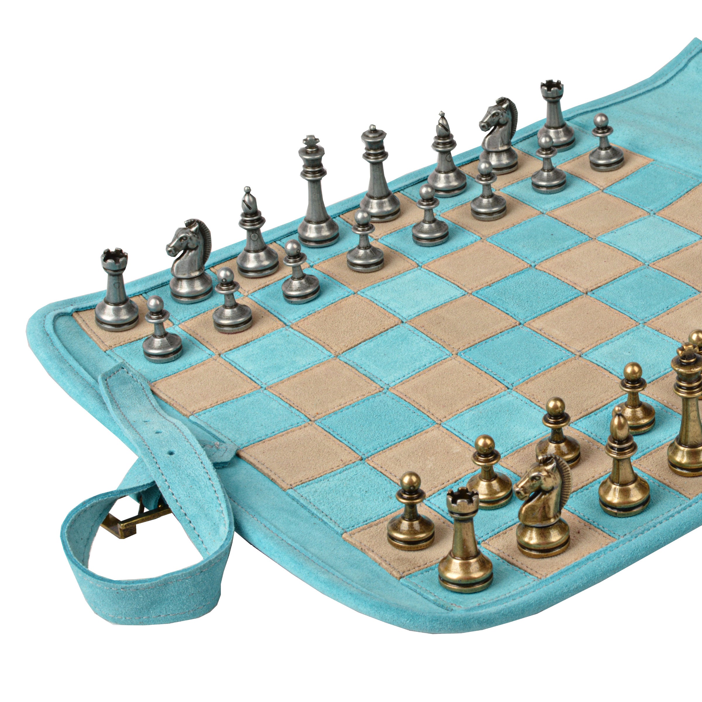 Premium Handcrafted Turquoise Suede Roll-Up Chess Set with Metal Chessmen - Premium Chess from MANOPOULOS Chess & Backgammon - Just €192! Shop now at MANOPOULOS Chess & Backgammon