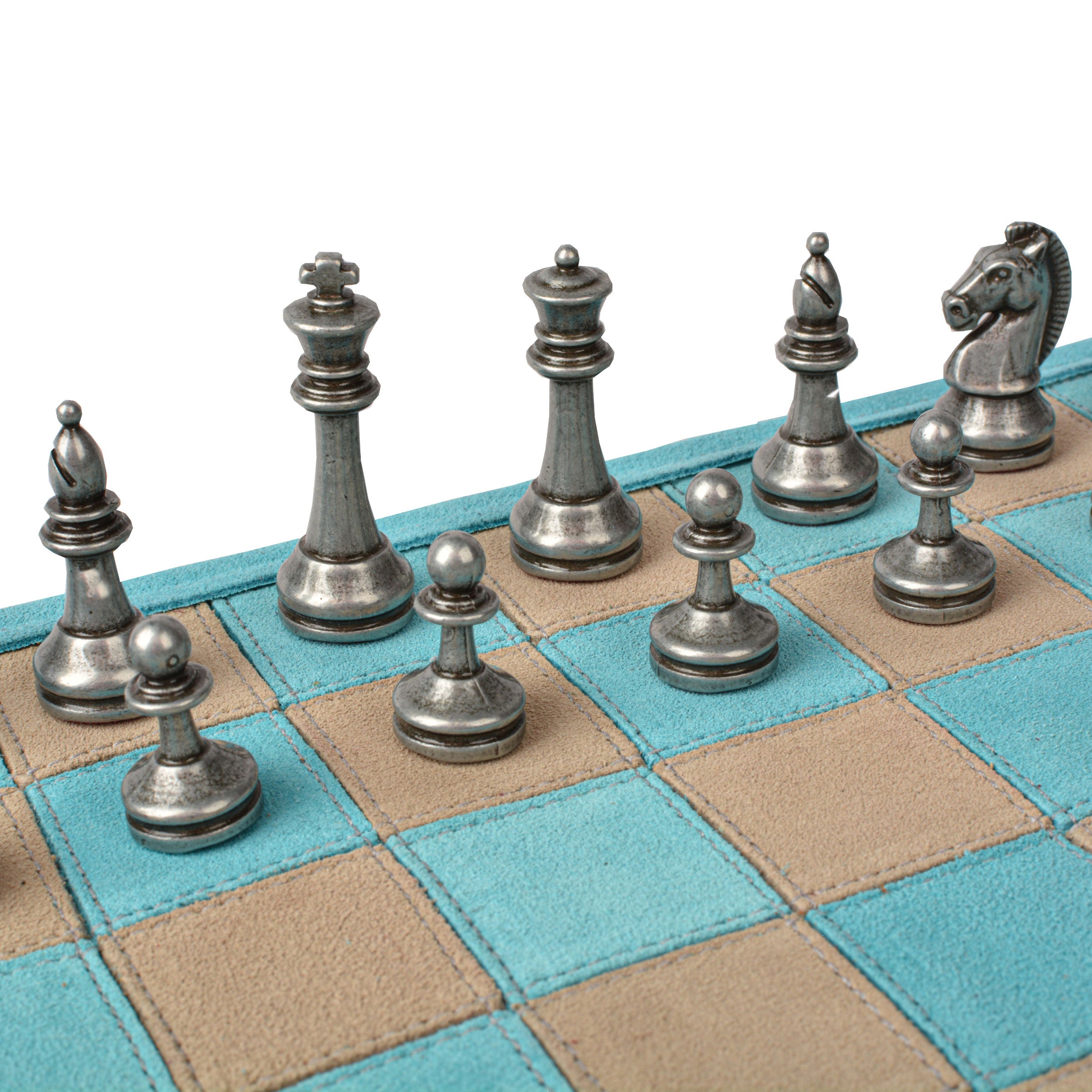 Premium Handcrafted Turquoise Suede Roll-Up Chess Set with Metal Chessmen - Premium Chess from MANOPOULOS Chess & Backgammon - Just €192! Shop now at MANOPOULOS Chess & Backgammon