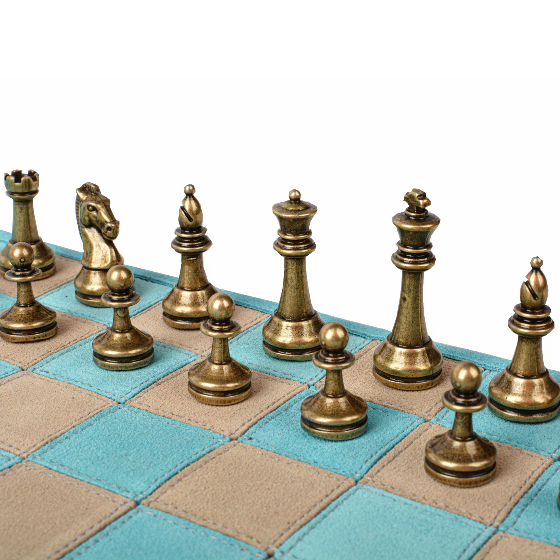 Premium Handcrafted Turquoise Suede Roll-Up Chess Set with Metal Chessmen - Premium Chess from MANOPOULOS Chess & Backgammon - Just €192! Shop now at MANOPOULOS Chess & Backgammon