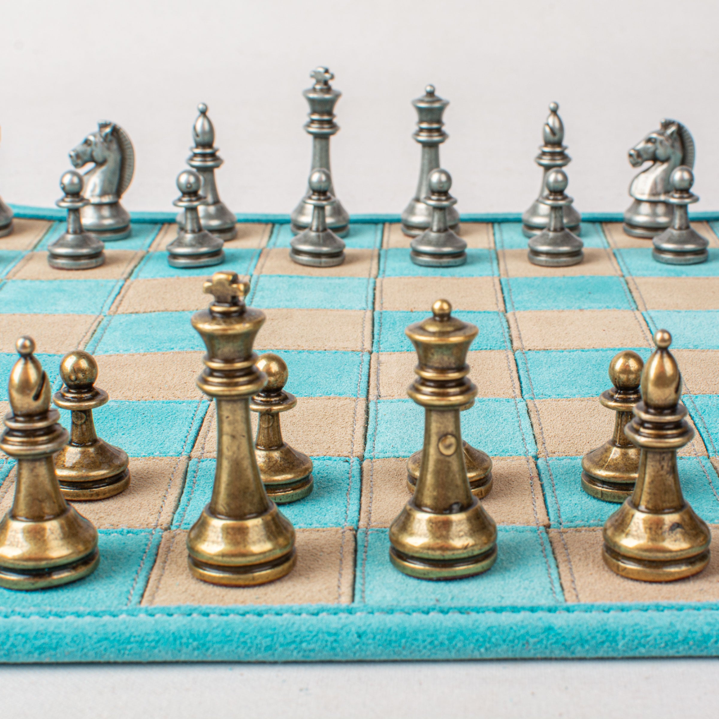 Premium Handcrafted Turquoise Suede Roll-Up Chess Set with Metal Chessmen - Premium Chess from MANOPOULOS Chess & Backgammon - Just €192! Shop now at MANOPOULOS Chess & Backgammon