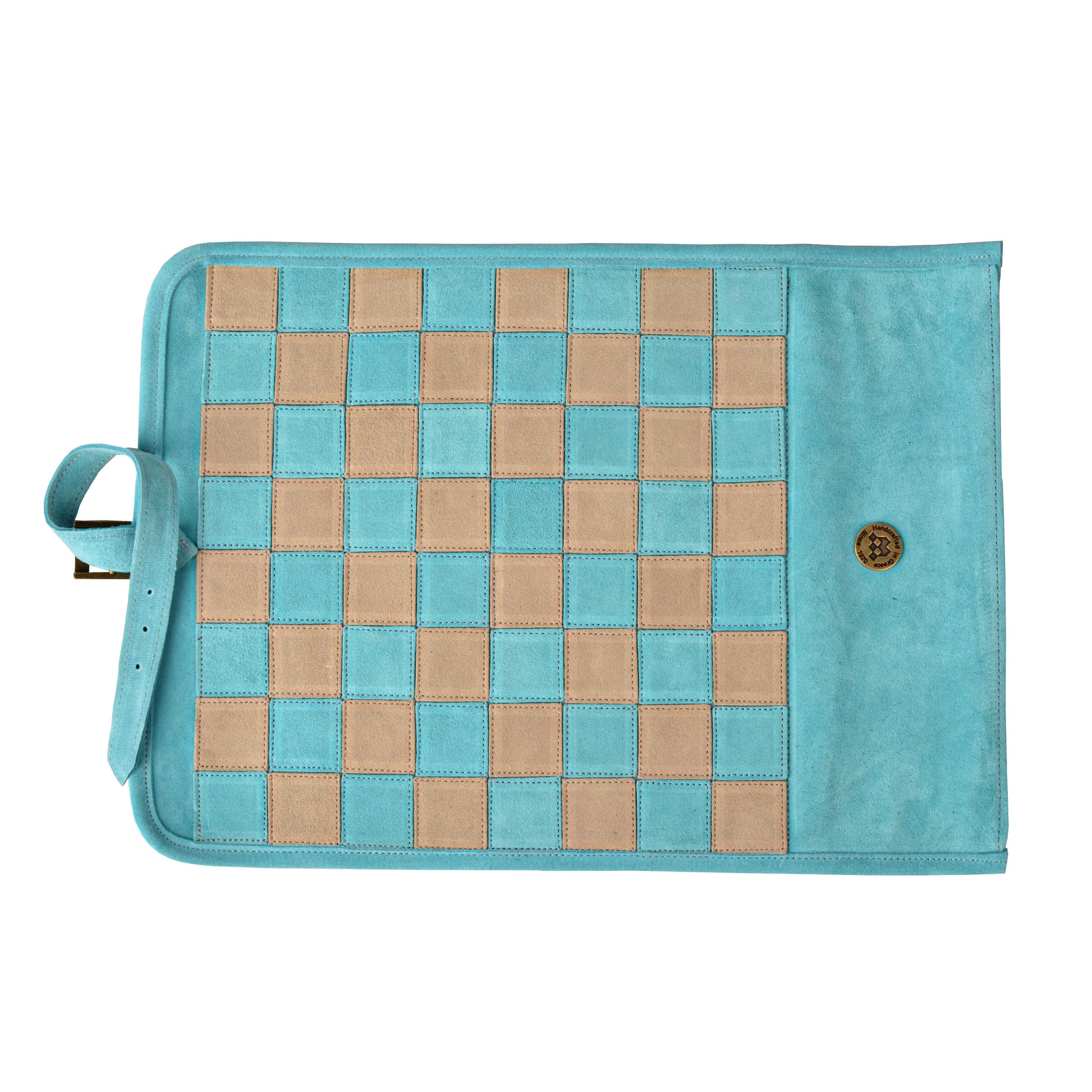 Premium Handcrafted Turquoise Suede Roll-Up Chess Set with Metal Chessmen - Premium Chess from MANOPOULOS Chess & Backgammon - Just €192! Shop now at MANOPOULOS Chess & Backgammon