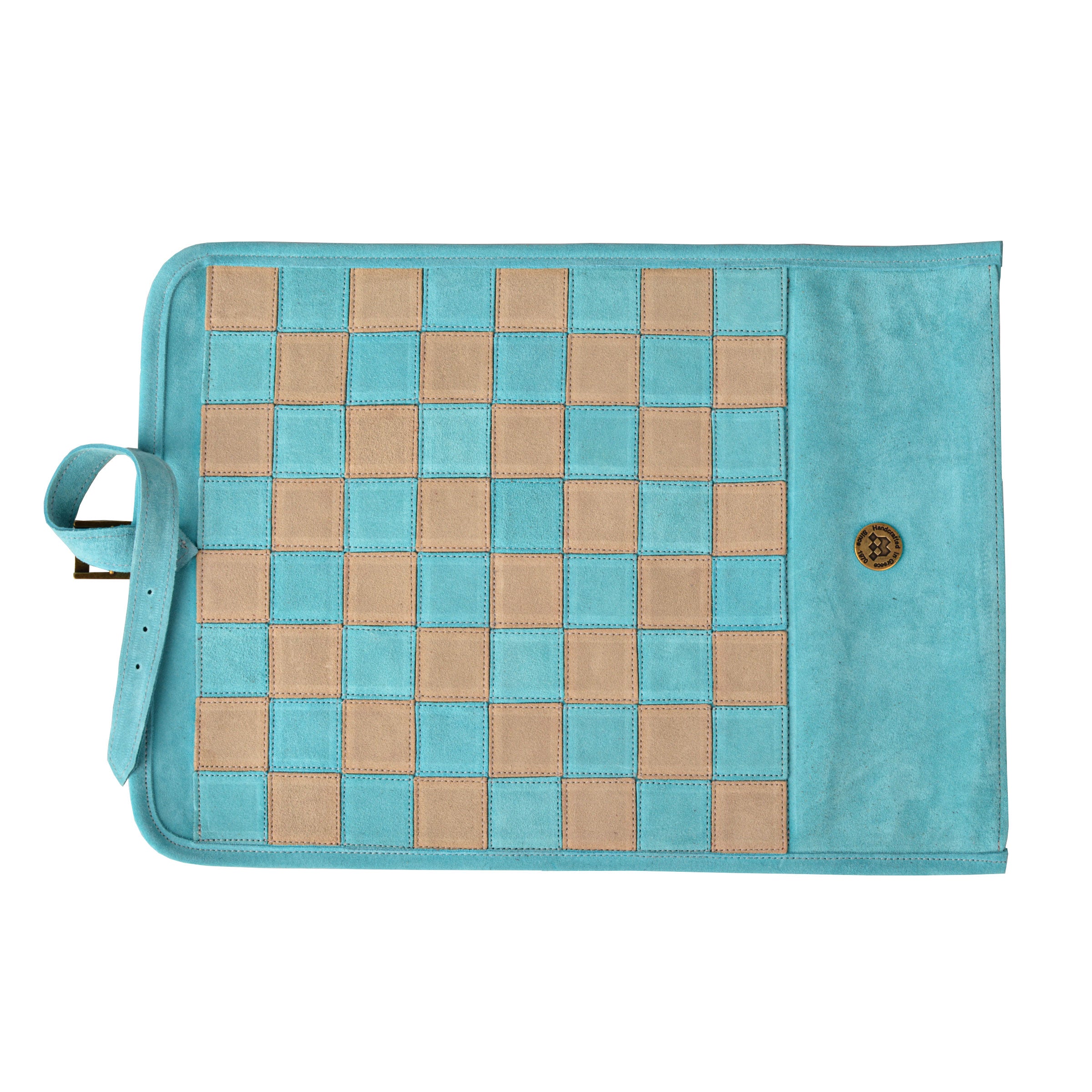 Premium Handcrafted Turquoise Suede Roll-Up Chess Set with Metal Chessmen - Premium Chess from MANOPOULOS Chess & Backgammon - Just €192! Shop now at MANOPOULOS Chess & Backgammon