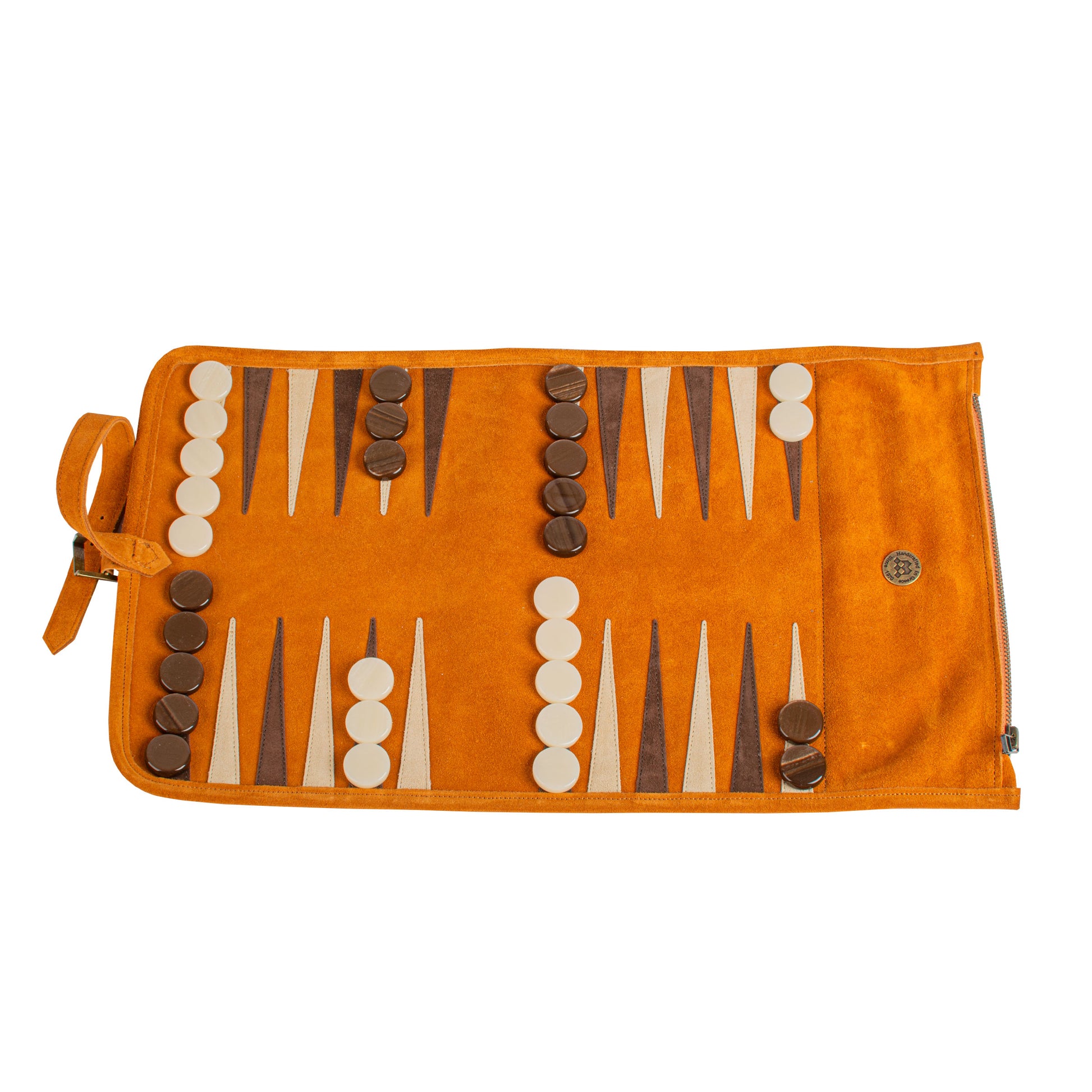 Premium Handcrafted Cinnamon Brown Suede Roll-Up Backgammon Set - Premium Backgammon from MANOPOULOS Chess & Backgammon - Just €159! Shop now at MANOPOULOS Chess & Backgammon