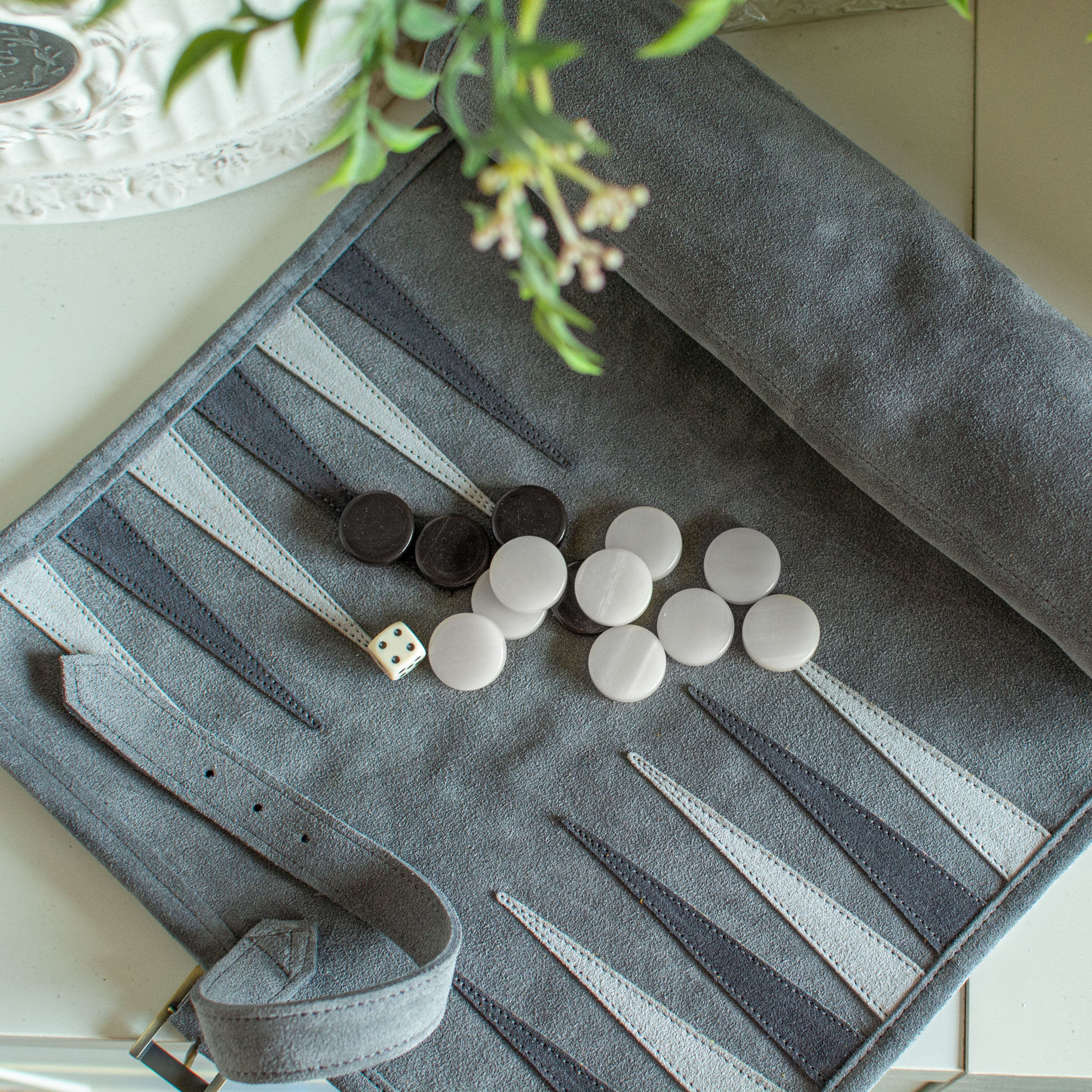 Premium Handcrafted Grey Suede Roll-Up Backgammon Set - Premium Backgammon from MANOPOULOS Chess & Backgammon - Just €159! Shop now at MANOPOULOS Chess & Backgammon