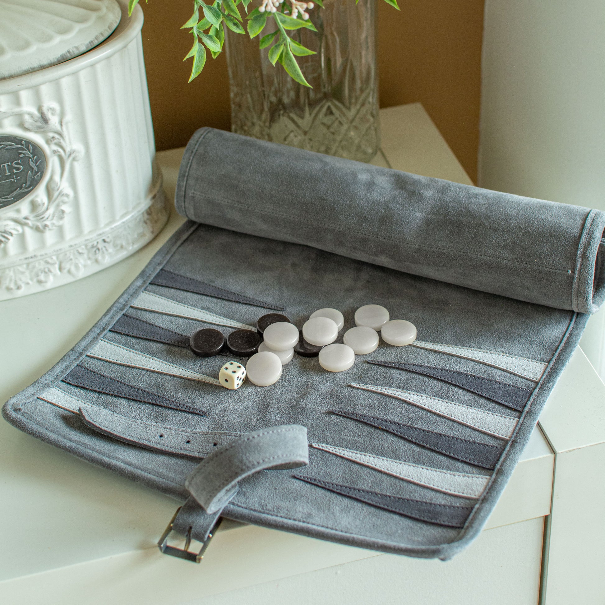 Premium Handcrafted Grey Suede Roll-Up Backgammon Set - Premium Backgammon from MANOPOULOS Chess & Backgammon - Just €159! Shop now at MANOPOULOS Chess & Backgammon