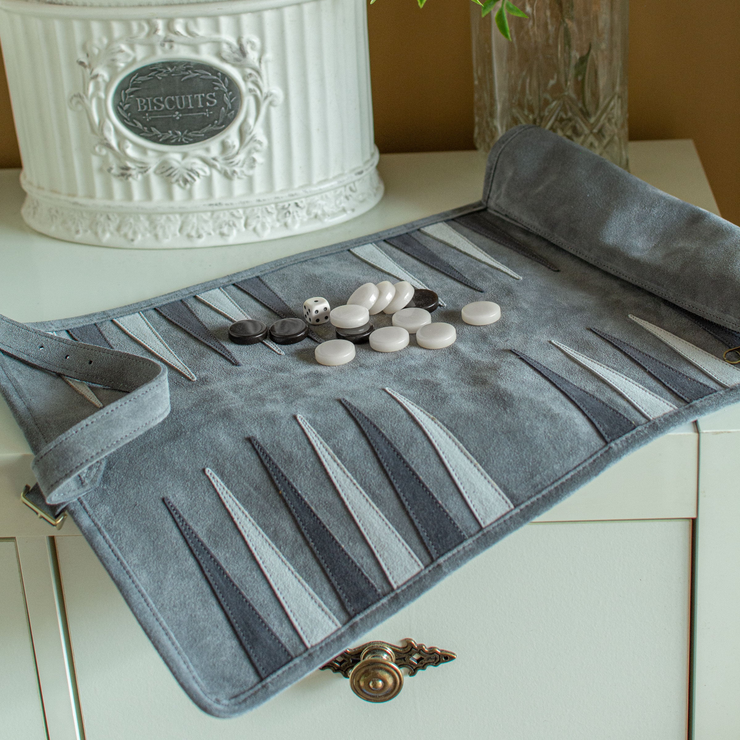 Premium Handcrafted Grey Suede Roll-Up Backgammon Set - Premium Backgammon from MANOPOULOS Chess & Backgammon - Just €159! Shop now at MANOPOULOS Chess & Backgammon