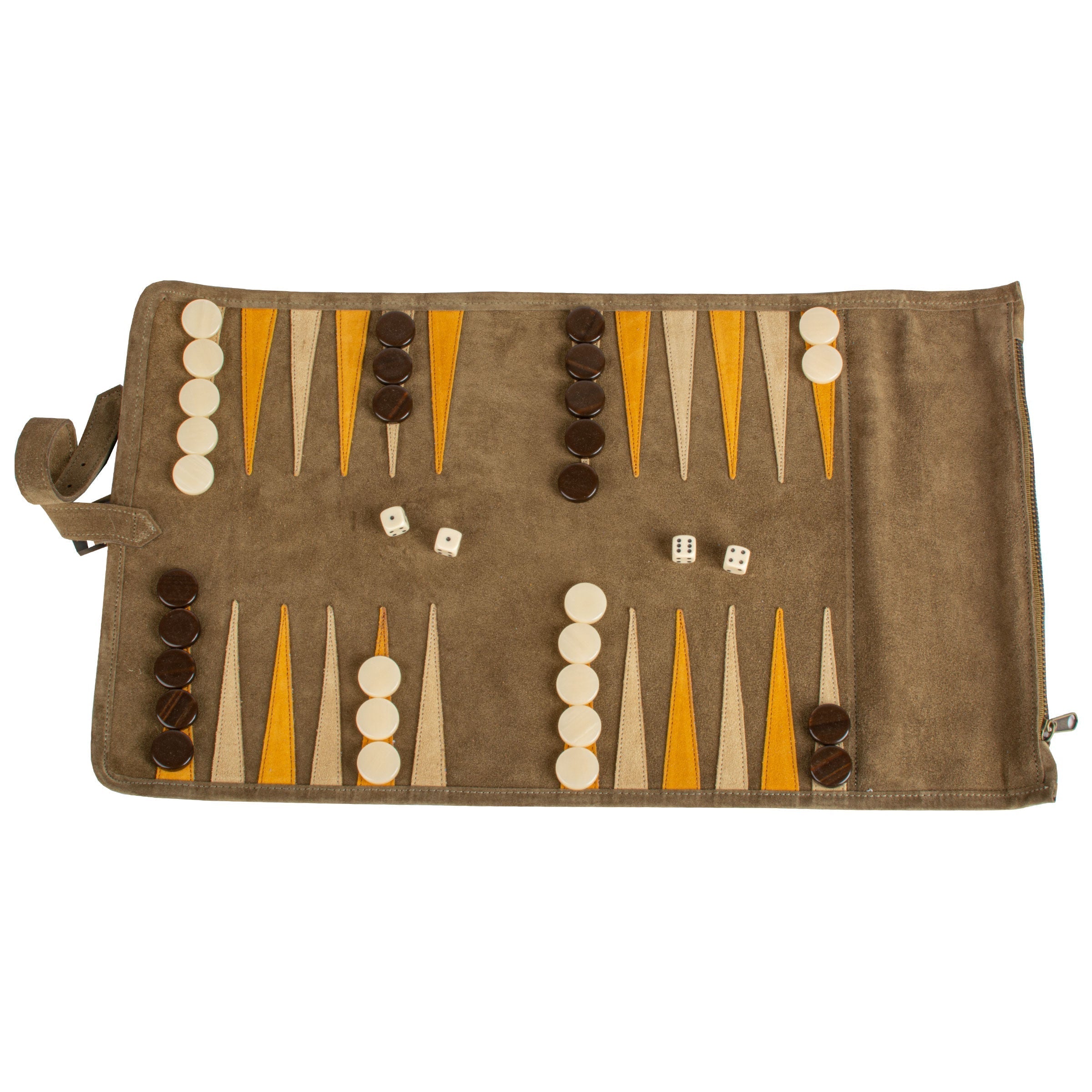 Premium Handcrafted Khaki Brown Suede Roll-Up Backgammon Set - Premium Backgammon from MANOPOULOS Chess & Backgammon - Just €159! Shop now at MANOPOULOS Chess & Backgammon