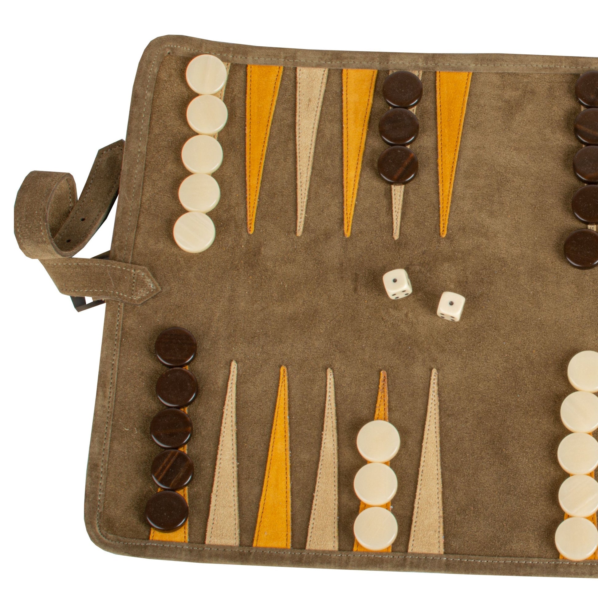 Premium Handcrafted Khaki Brown Suede Roll-Up Backgammon Set - Premium Backgammon from MANOPOULOS Chess & Backgammon - Just €159! Shop now at MANOPOULOS Chess & Backgammon