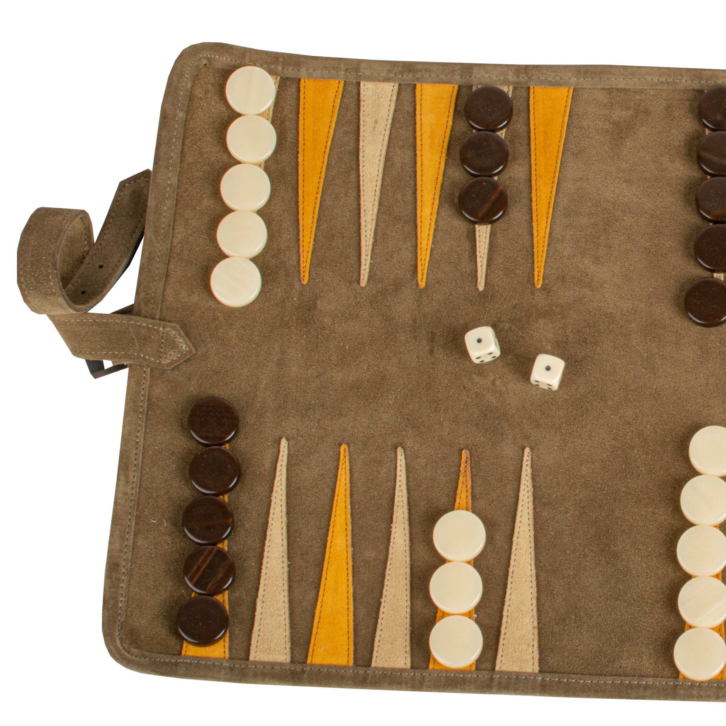 Premium Handcrafted Khaki Brown Suede Roll-Up Backgammon Set - Premium Backgammon from MANOPOULOS Chess & Backgammon - Just €159! Shop now at MANOPOULOS Chess & Backgammon