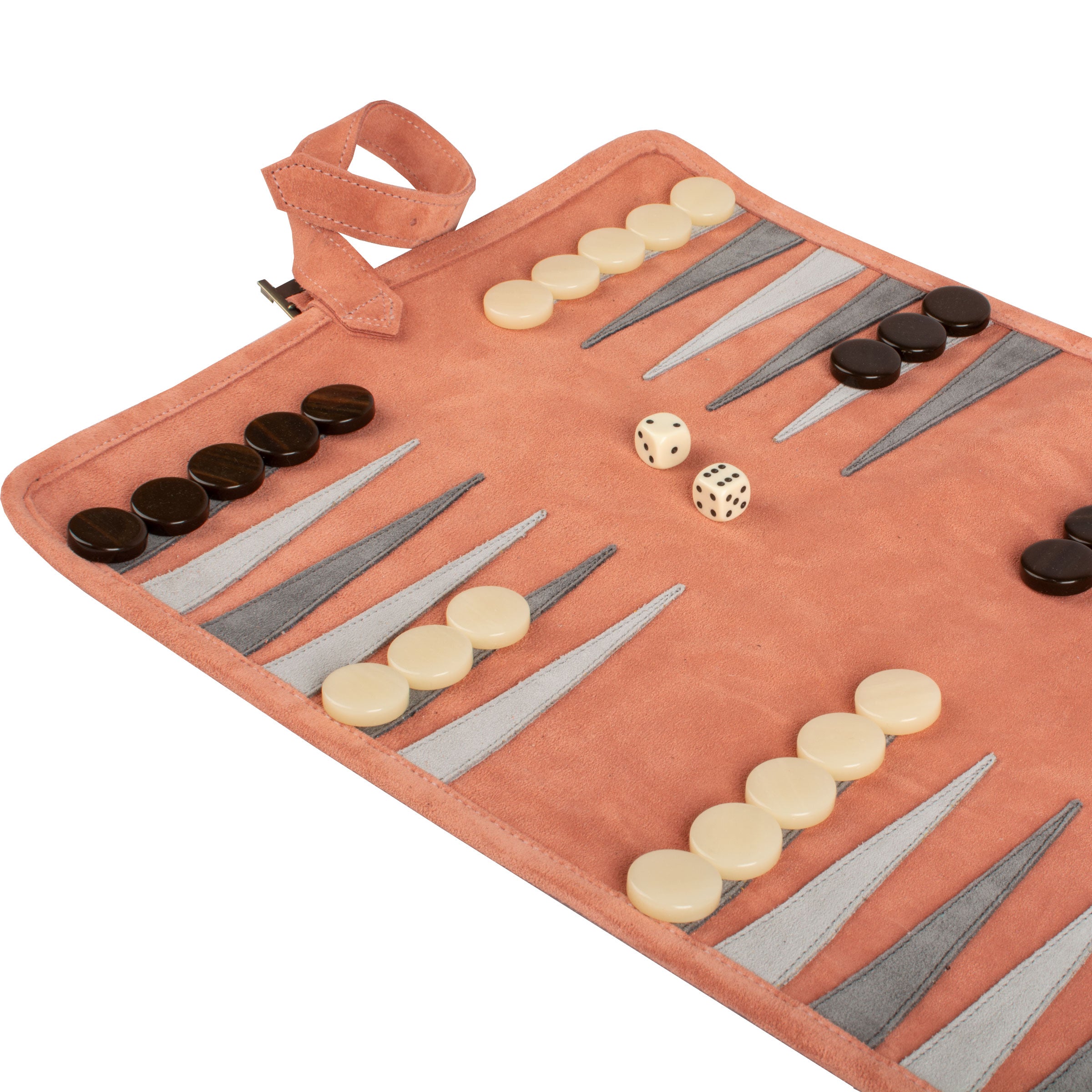 Premium Handcrafted Salmon Suede Roll-Up Backgammon Set