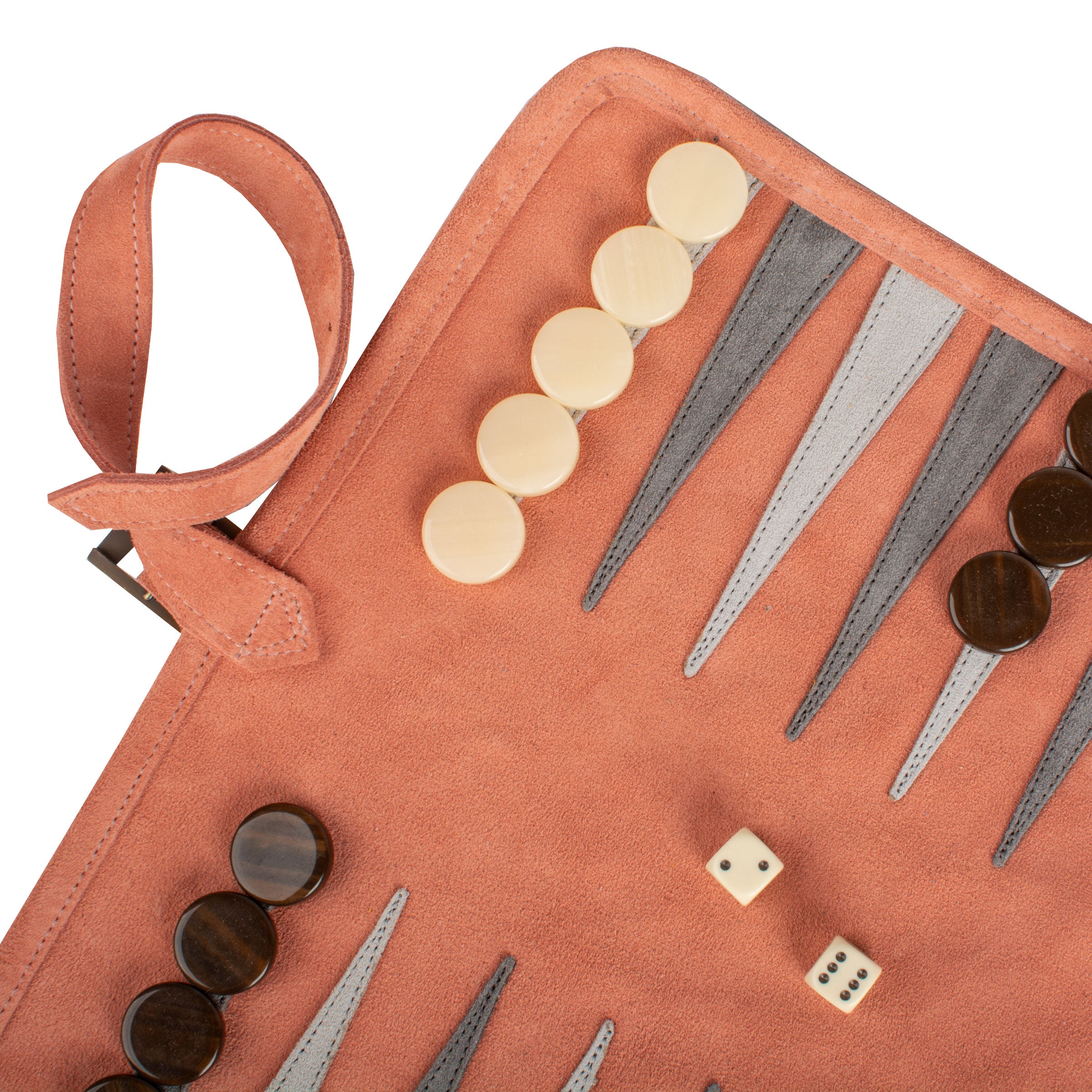 Premium Handcrafted Salmon Suede Roll-Up Backgammon Set