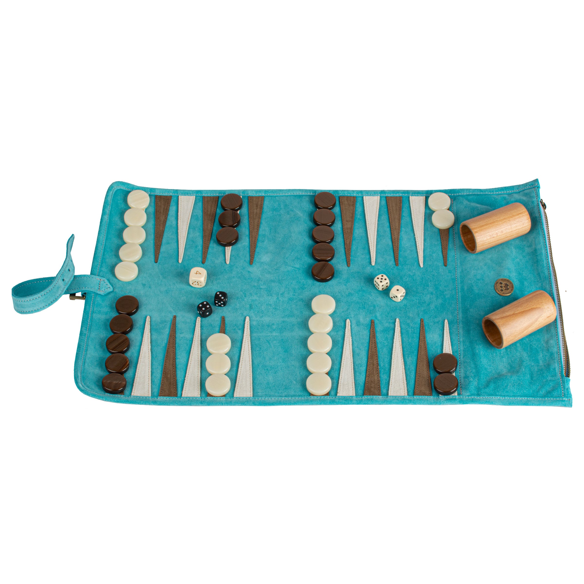 Premium Handcrafted Turquoise Suede Roll-Up Backgammon Set - Premium Backgammon from MANOPOULOS Chess & Backgammon - Just €159! Shop now at MANOPOULOS Chess & Backgammon