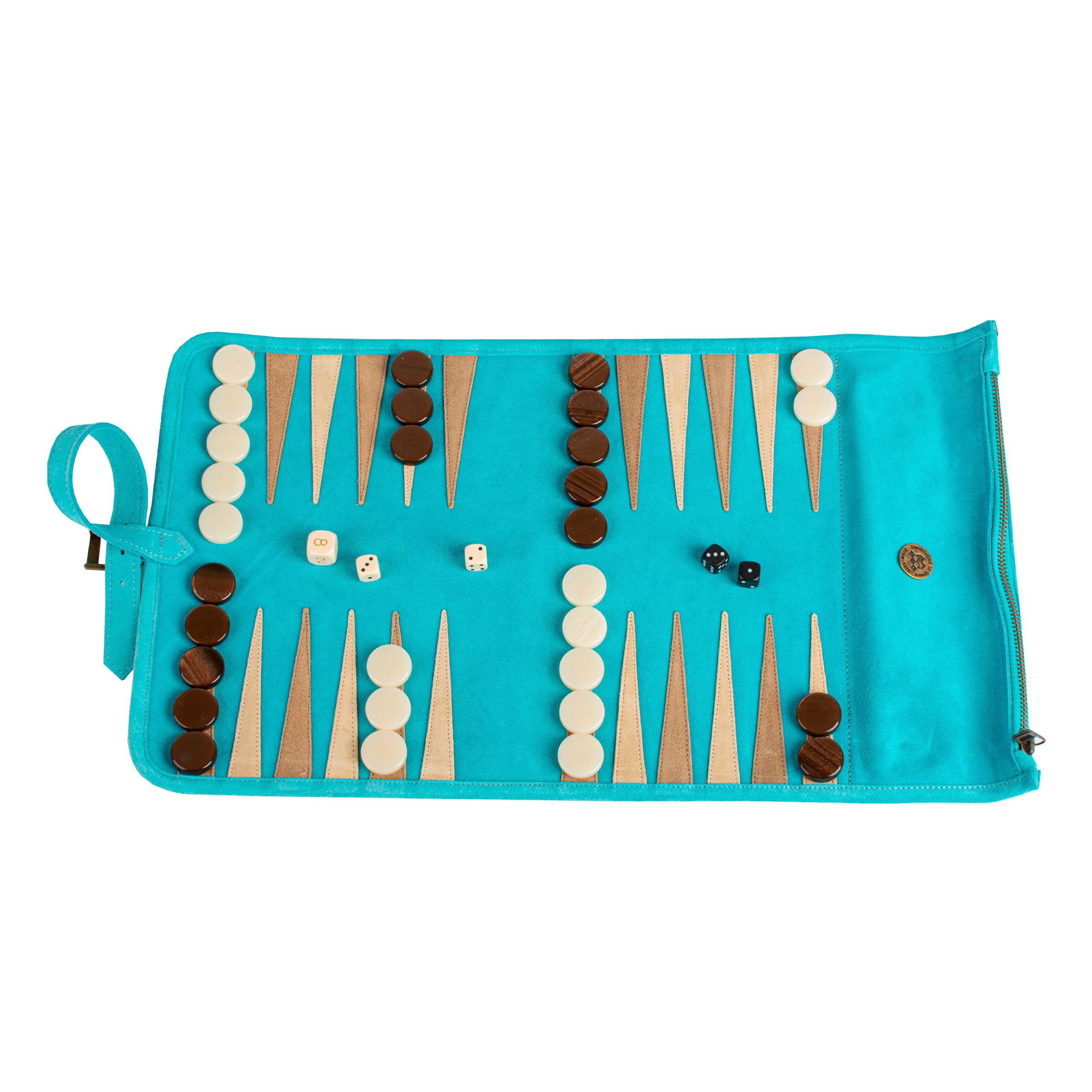 Premium Handcrafted Turquoise Suede Roll-Up Backgammon Set - Premium Backgammon from MANOPOULOS Chess & Backgammon - Just €159! Shop now at MANOPOULOS Chess & Backgammon