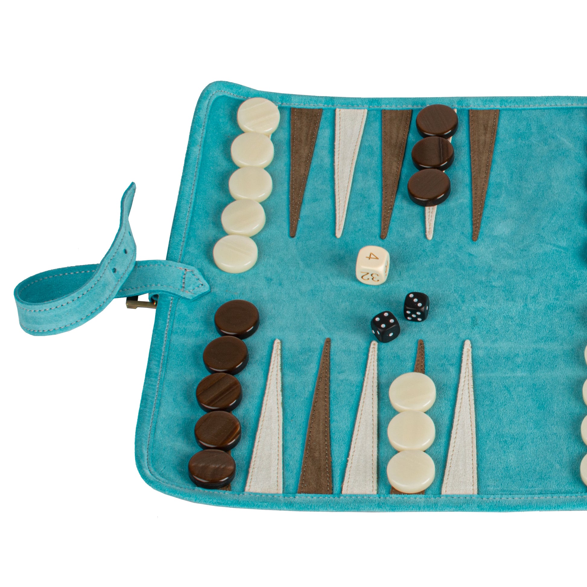 Premium Handcrafted Turquoise Suede Roll-Up Backgammon Set - Premium Backgammon from MANOPOULOS Chess & Backgammon - Just €159! Shop now at MANOPOULOS Chess & Backgammon