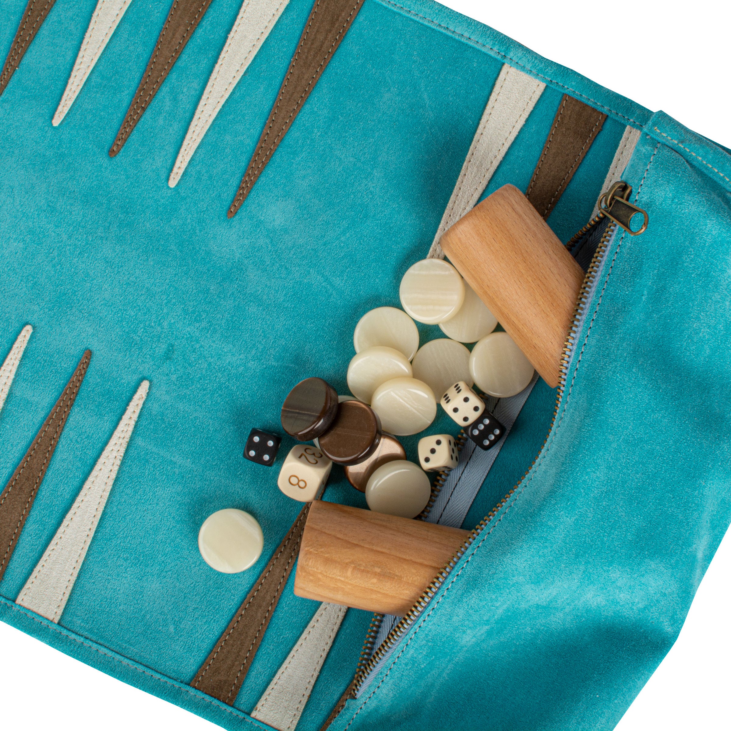 Premium Handcrafted Turquoise Suede Roll-Up Backgammon Set - Premium Backgammon from MANOPOULOS Chess & Backgammon - Just €159! Shop now at MANOPOULOS Chess & Backgammon