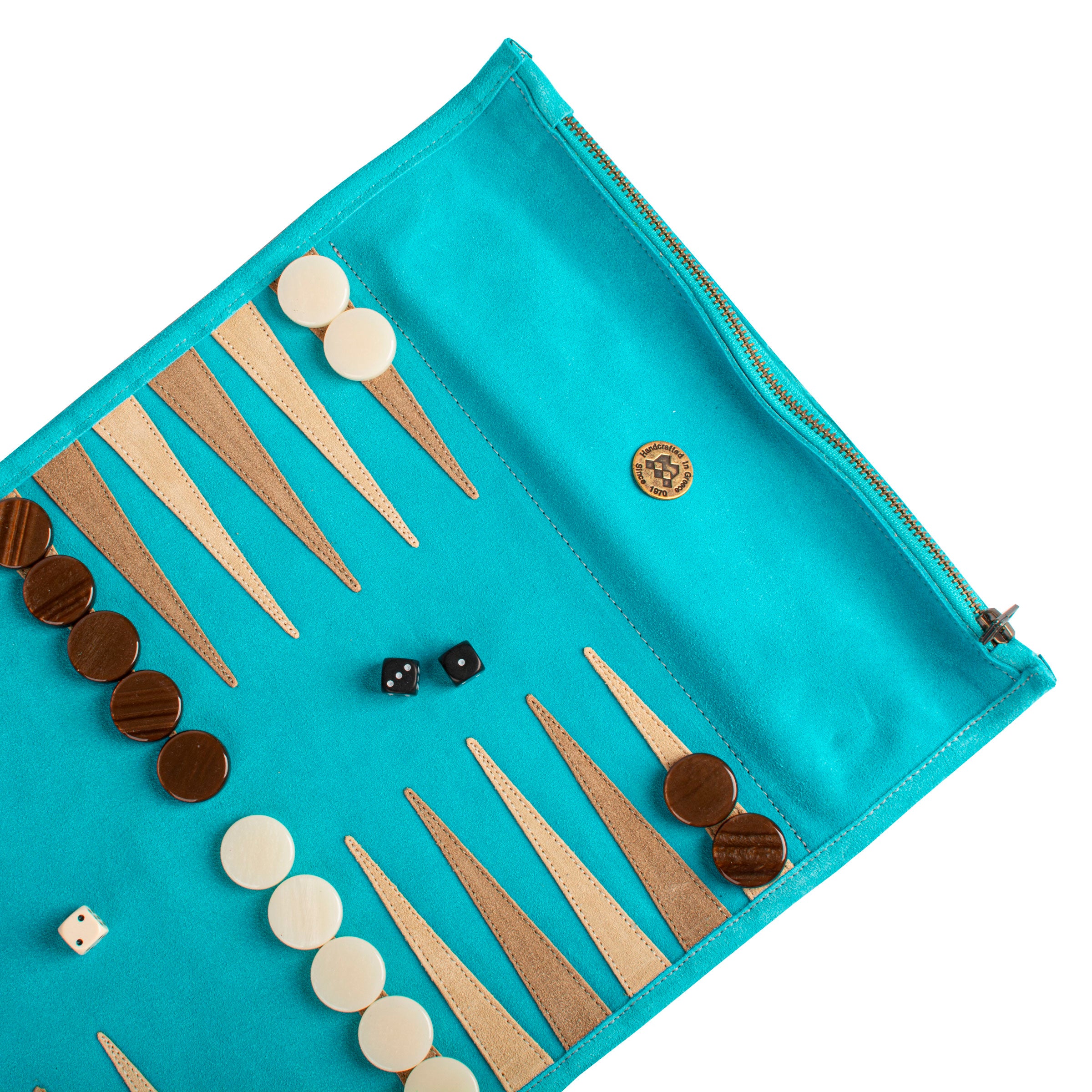 Premium Handcrafted Turquoise Suede Roll-Up Backgammon Set - Premium Backgammon from MANOPOULOS Chess & Backgammon - Just €159! Shop now at MANOPOULOS Chess & Backgammon