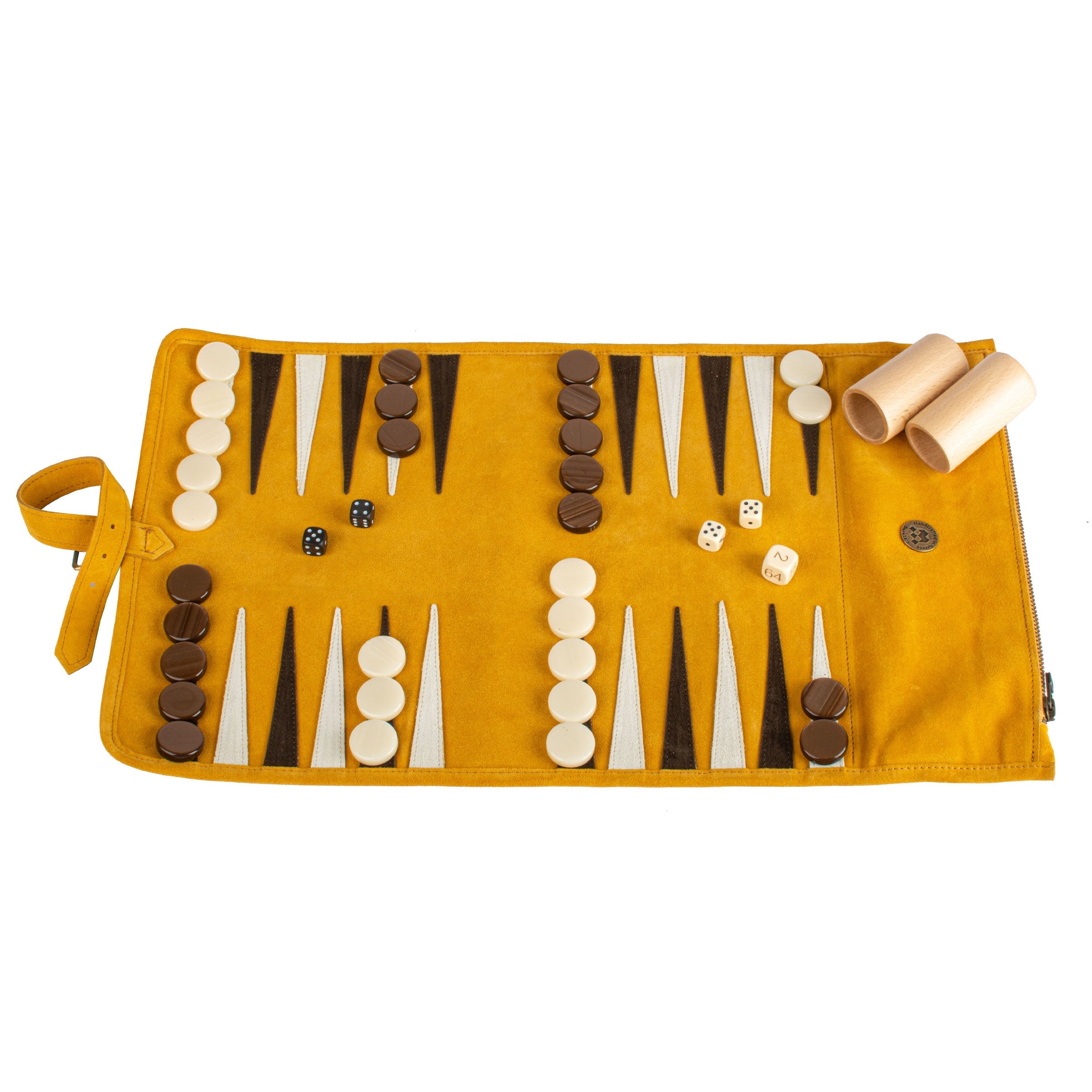 Premium Handcrafted Warm Yellow Suede Roll-Up Backgammon Set - Premium Backgammon from MANOPOULOS Chess & Backgammon - Just €159! Shop now at MANOPOULOS Chess & Backgammon