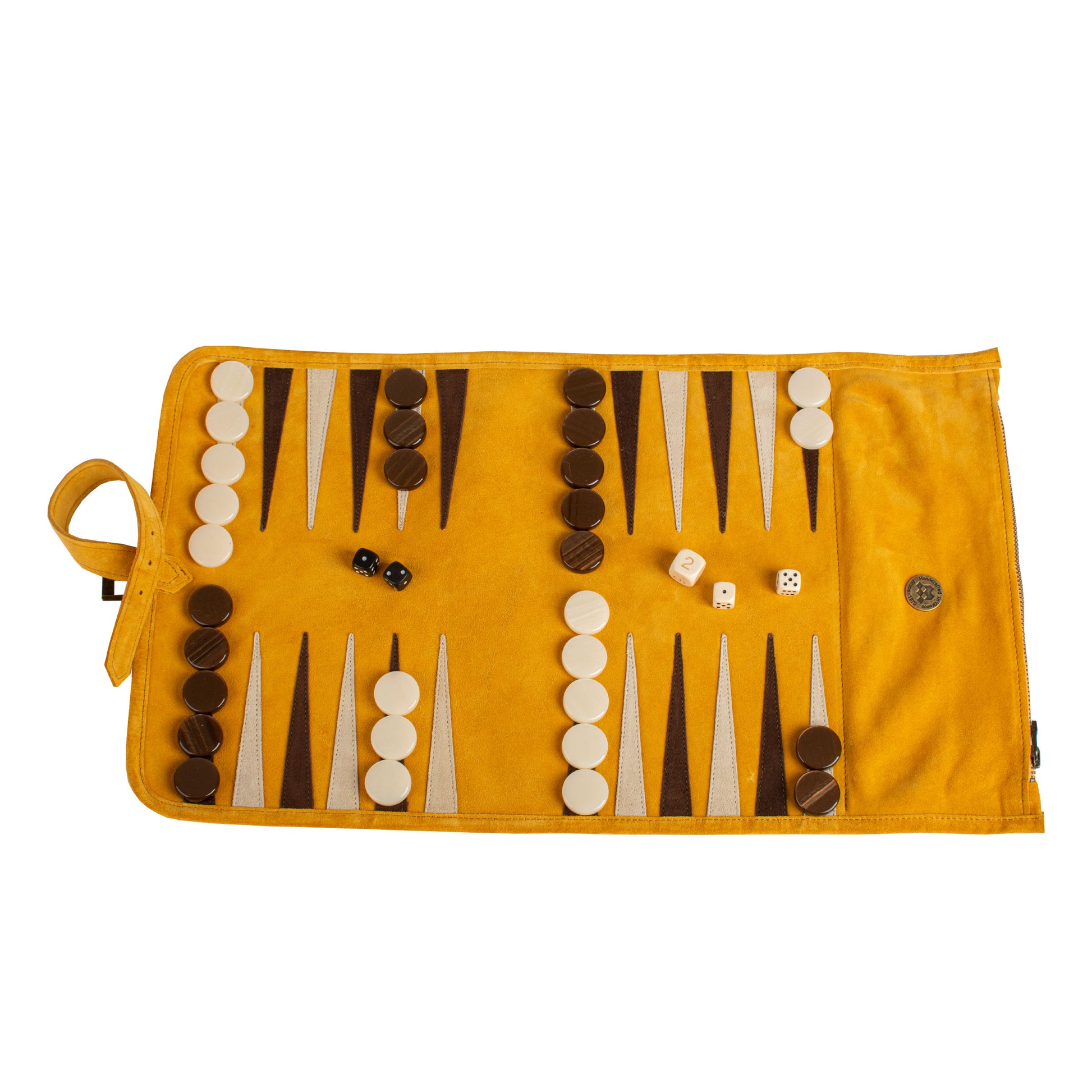 Premium Handcrafted Warm Yellow Suede Roll-Up Backgammon Set - Premium Backgammon from MANOPOULOS Chess & Backgammon - Just €159! Shop now at MANOPOULOS Chess & Backgammon