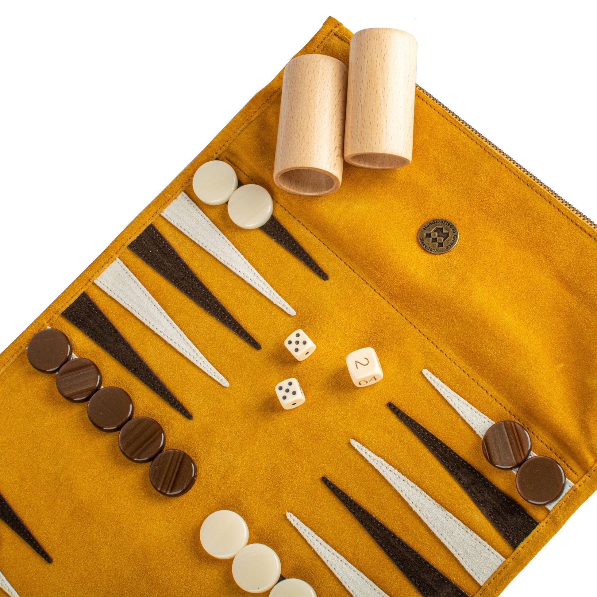 Premium Handcrafted Warm Yellow Suede Roll-Up Backgammon Set - Premium Backgammon from MANOPOULOS Chess & Backgammon - Just €159! Shop now at MANOPOULOS Chess & Backgammon