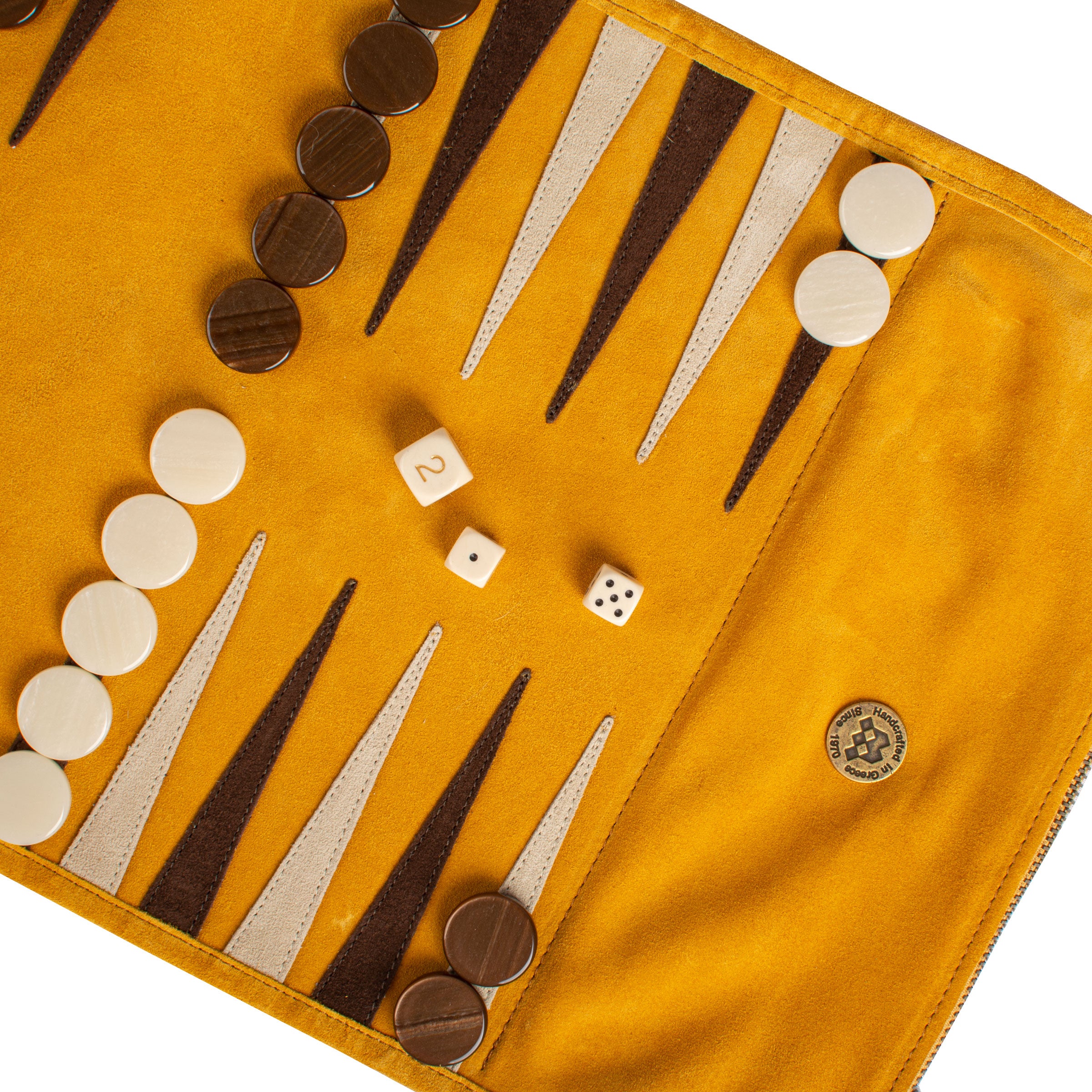 Premium Handcrafted Warm Yellow Suede Roll-Up Backgammon Set - Premium Backgammon from MANOPOULOS Chess & Backgammon - Just €159! Shop now at MANOPOULOS Chess & Backgammon