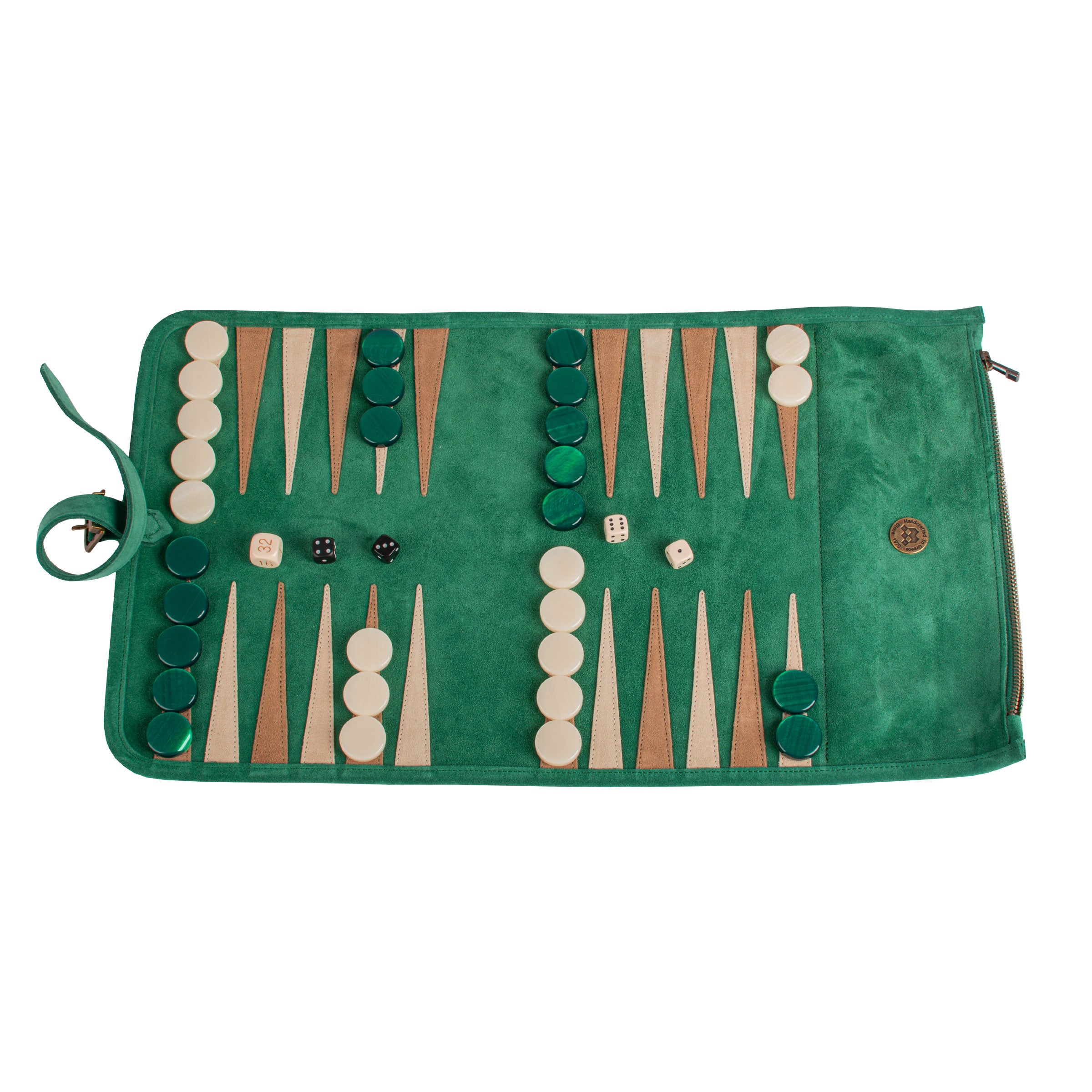 シャルムボー　パックセット×6 Premium Handcrafted Forest Green Suede Roll-Up Backgammon Set