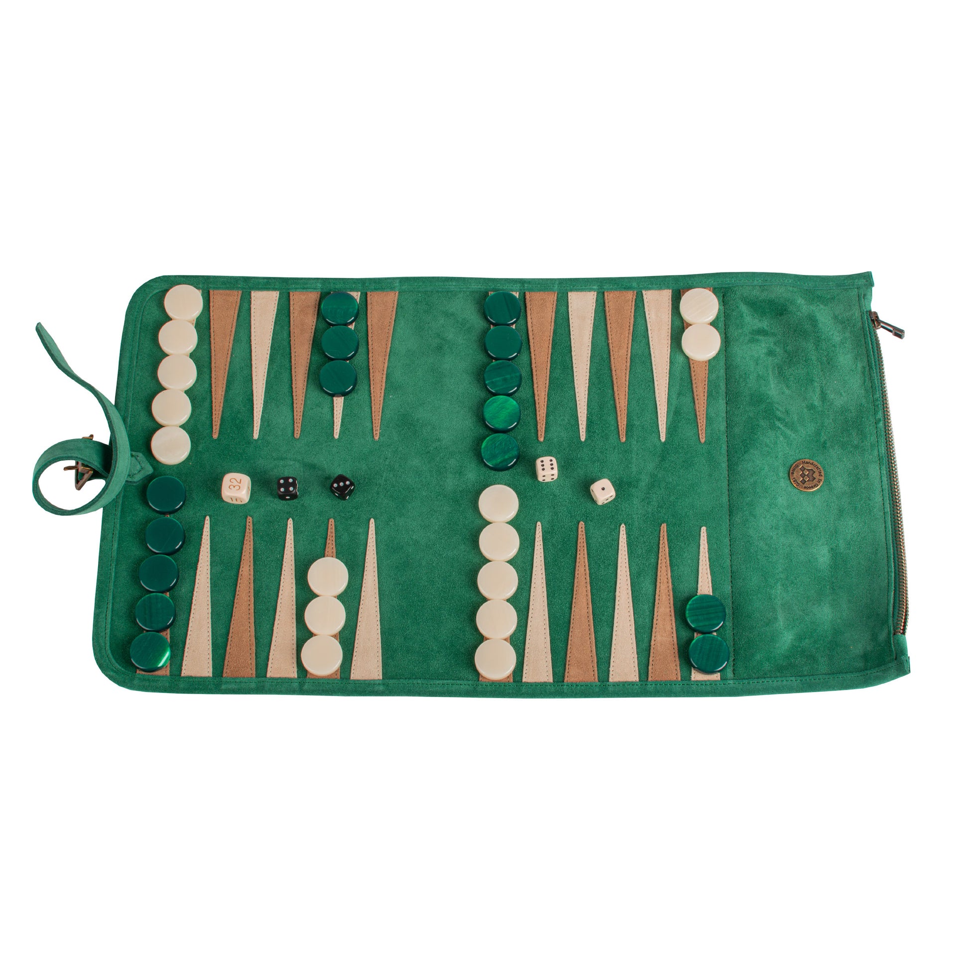 Premium Handcrafted Forest Green Suede Roll-Up Backgammon Set - Premium Backgammon from MANOPOULOS Chess & Backgammon - Just €159! Shop now at MANOPOULOS Chess & Backgammon