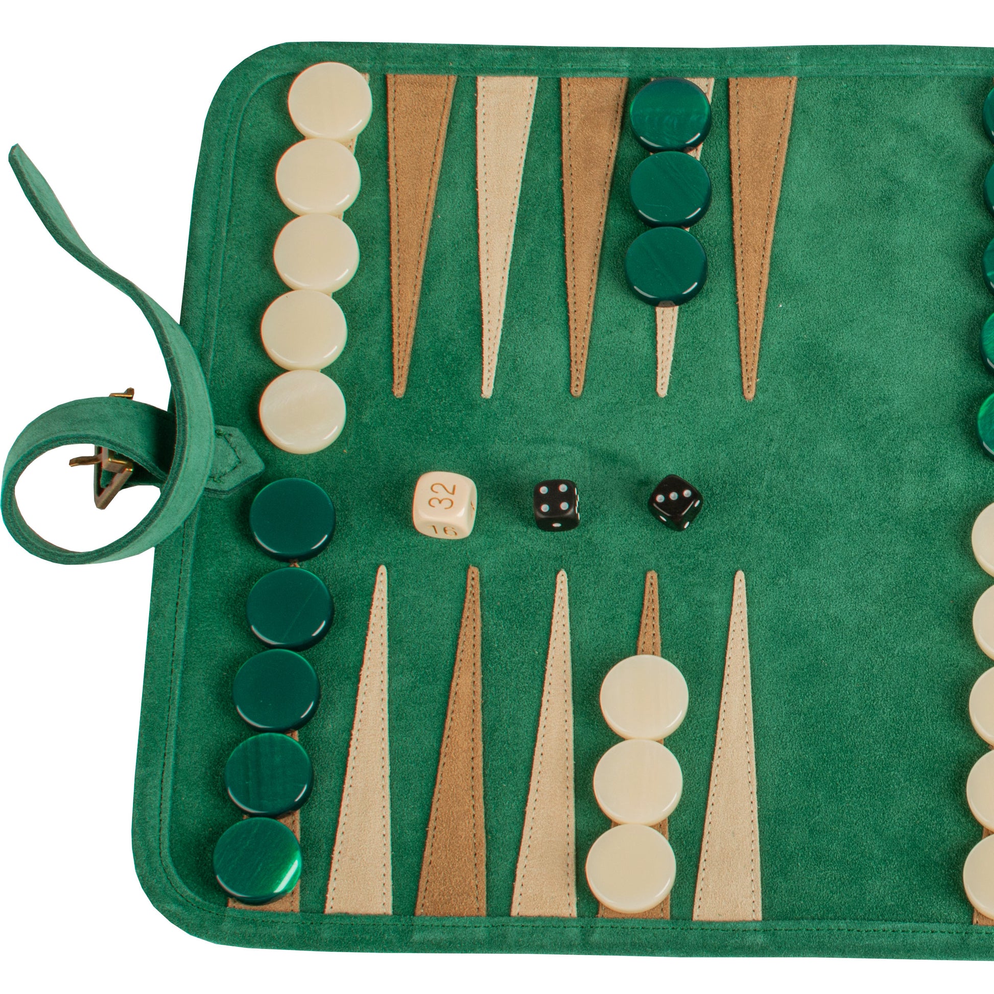Premium Handcrafted Forest Green Suede Roll-Up Backgammon Set - Premium Backgammon from MANOPOULOS Chess & Backgammon - Just €159! Shop now at MANOPOULOS Chess & Backgammon