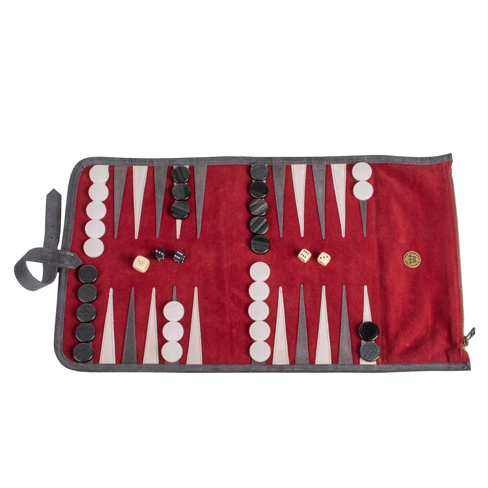 Premium Handcrafted Burgundy Red Suede Roll-Up Backgammon Set - Premium Backgammon from MANOPOULOS Chess & Backgammon - Just €159! Shop now at MANOPOULOS Chess & Backgammon