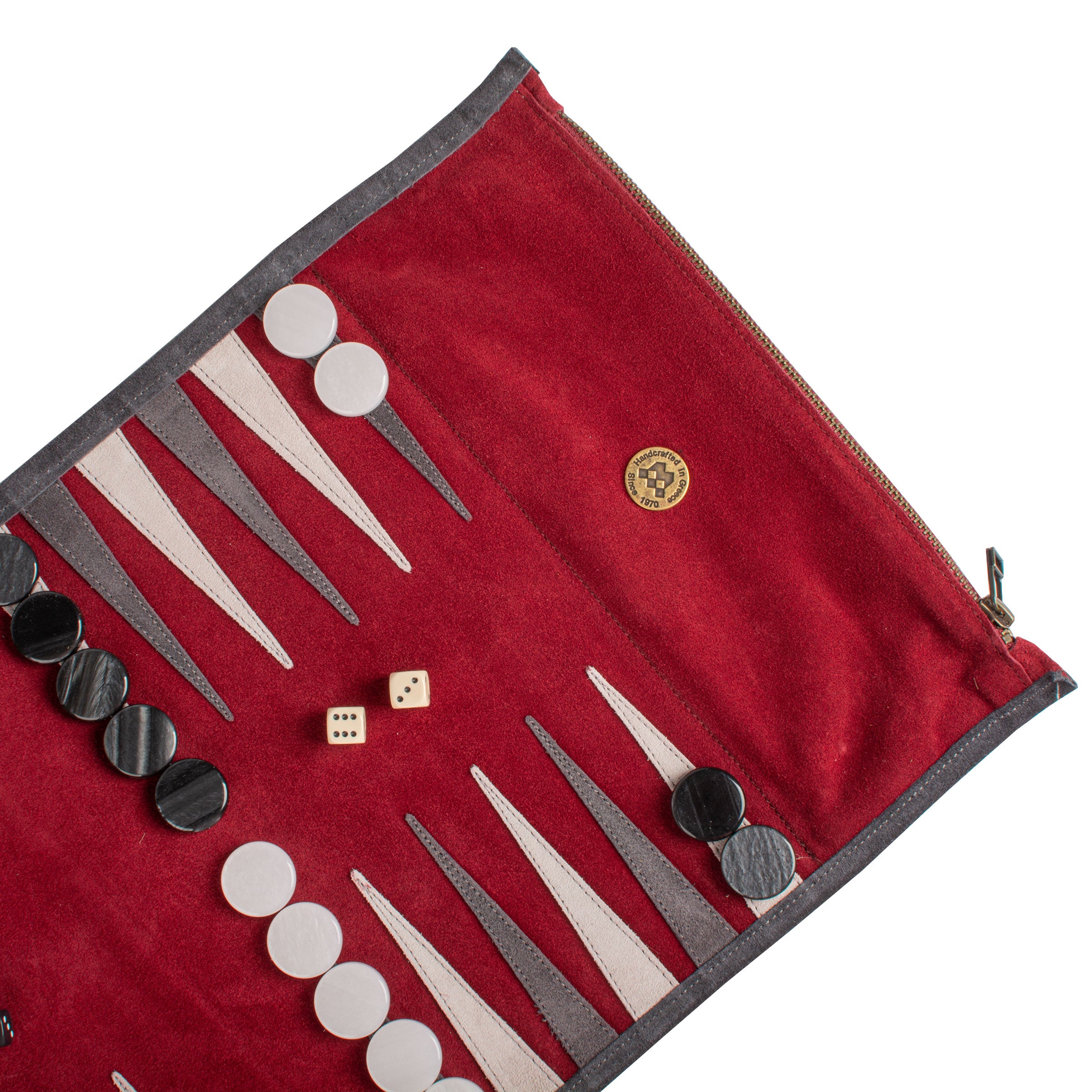 Premium Handcrafted Burgundy Red Suede Roll-Up Backgammon Set - Premium Backgammon from MANOPOULOS Chess & Backgammon - Just €159! Shop now at MANOPOULOS Chess & Backgammon