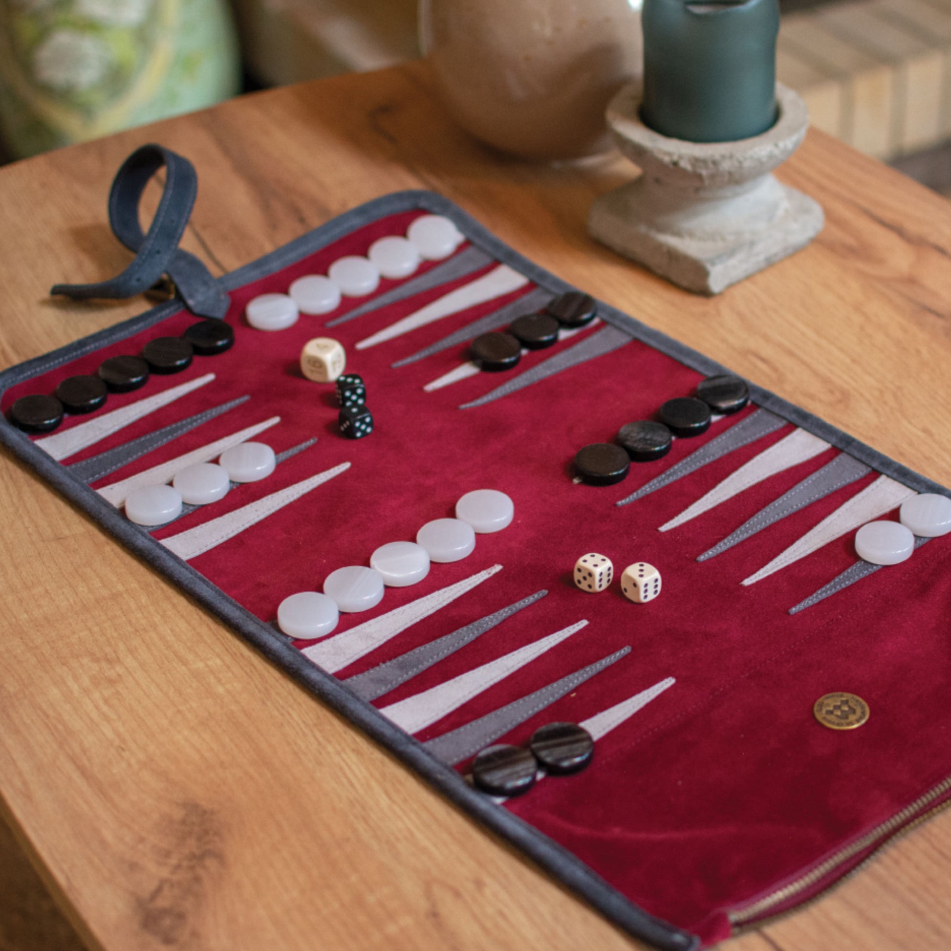 Premium Handcrafted Burgundy Red Suede Roll-Up Backgammon Set - Premium Backgammon from MANOPOULOS Chess & Backgammon - Just €159! Shop now at MANOPOULOS Chess & Backgammon