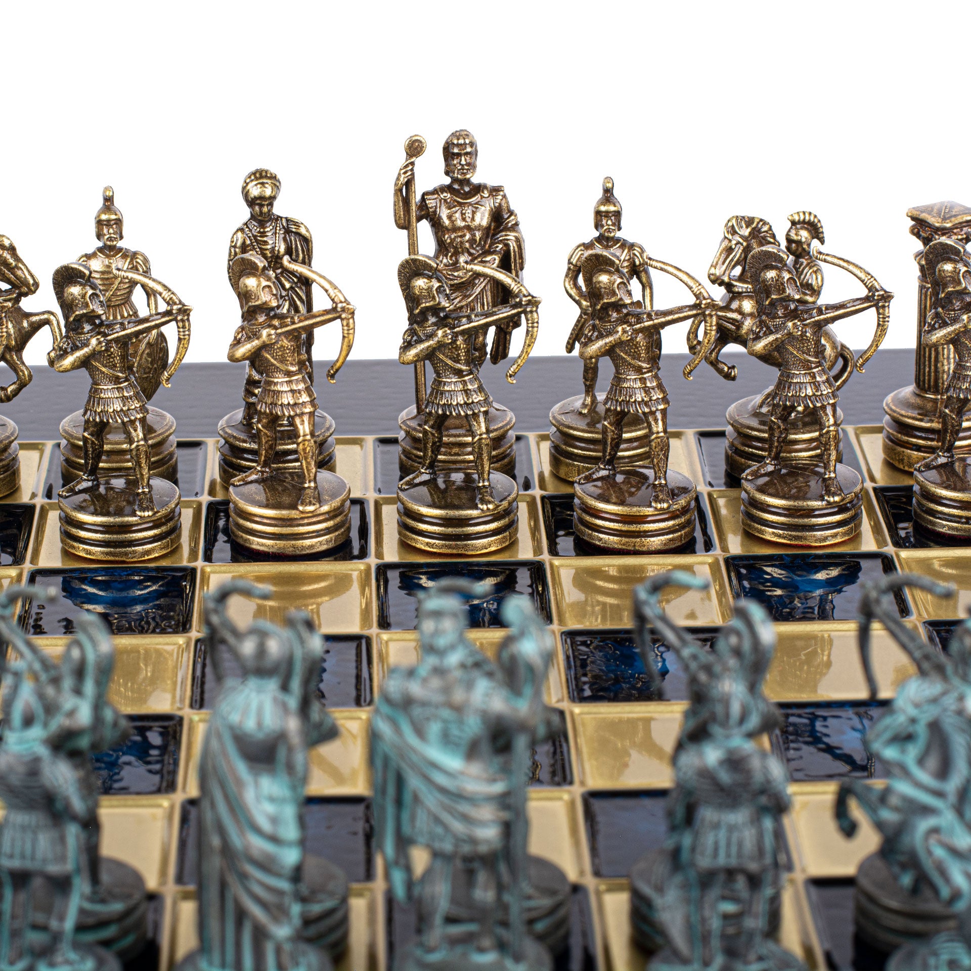 Handcrafted Luxury Archers Chess Set - Blue/Brass Chessmen and Bronze Chessboard (Small) - Premium Chess from MANOPOULOS Chess & Backgammon - Just €168! Shop now at MANOPOULOS Chess & Backgammon