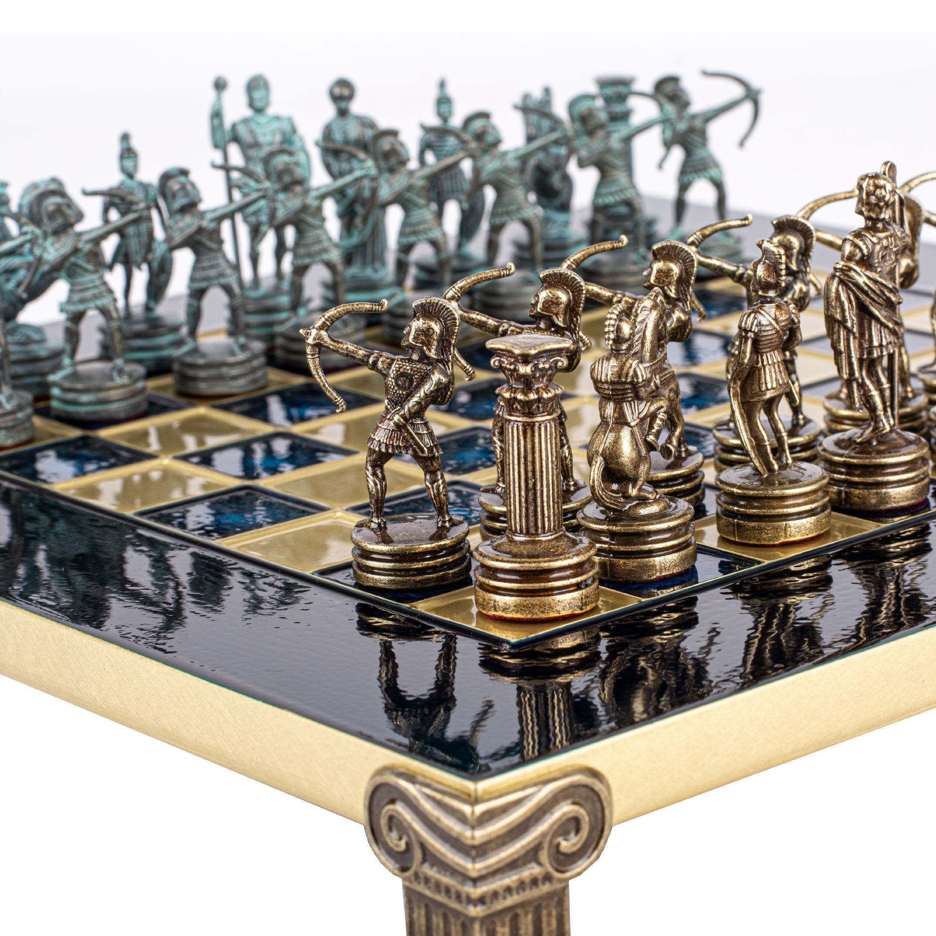 Handcrafted Luxury Archers Chess Set - Blue/Brass & Bronze Board