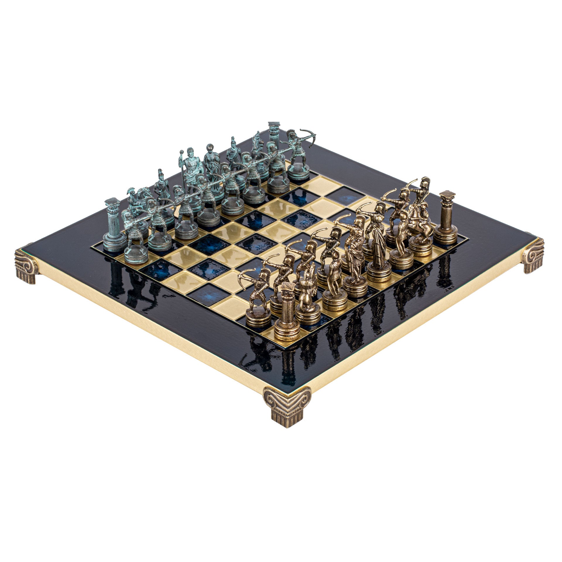 Handcrafted Luxury Archers Chess Set - Blue/Brass & Bronze Board