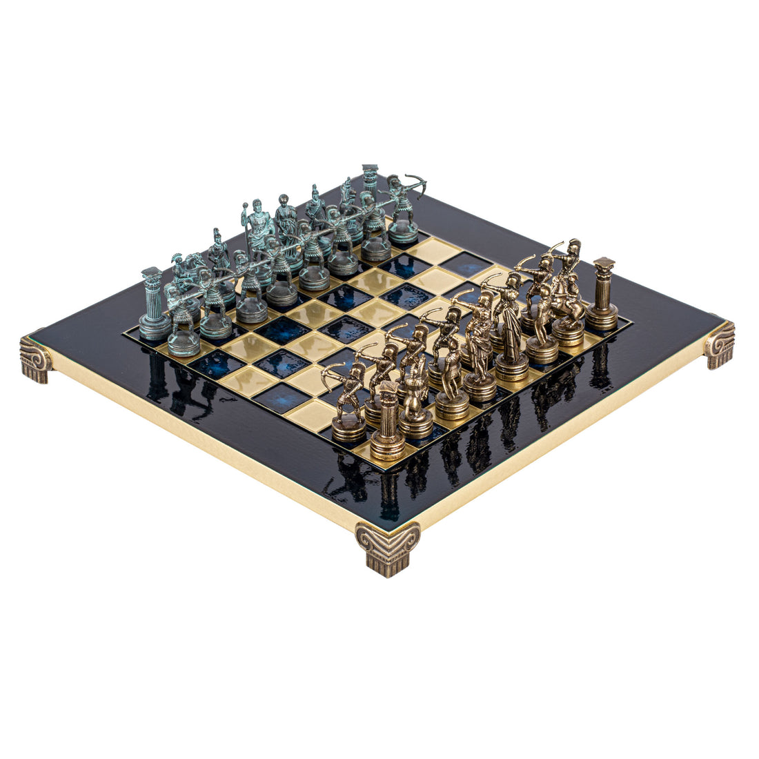 Handcrafted Luxury Archers Chess Set - Blue/Brass Chessmen and Bronze Chessboard (Small) - Premium Chess from MANOPOULOS Chess & Backgammon - Just €168! Shop now at MANOPOULOS Chess & Backgammon