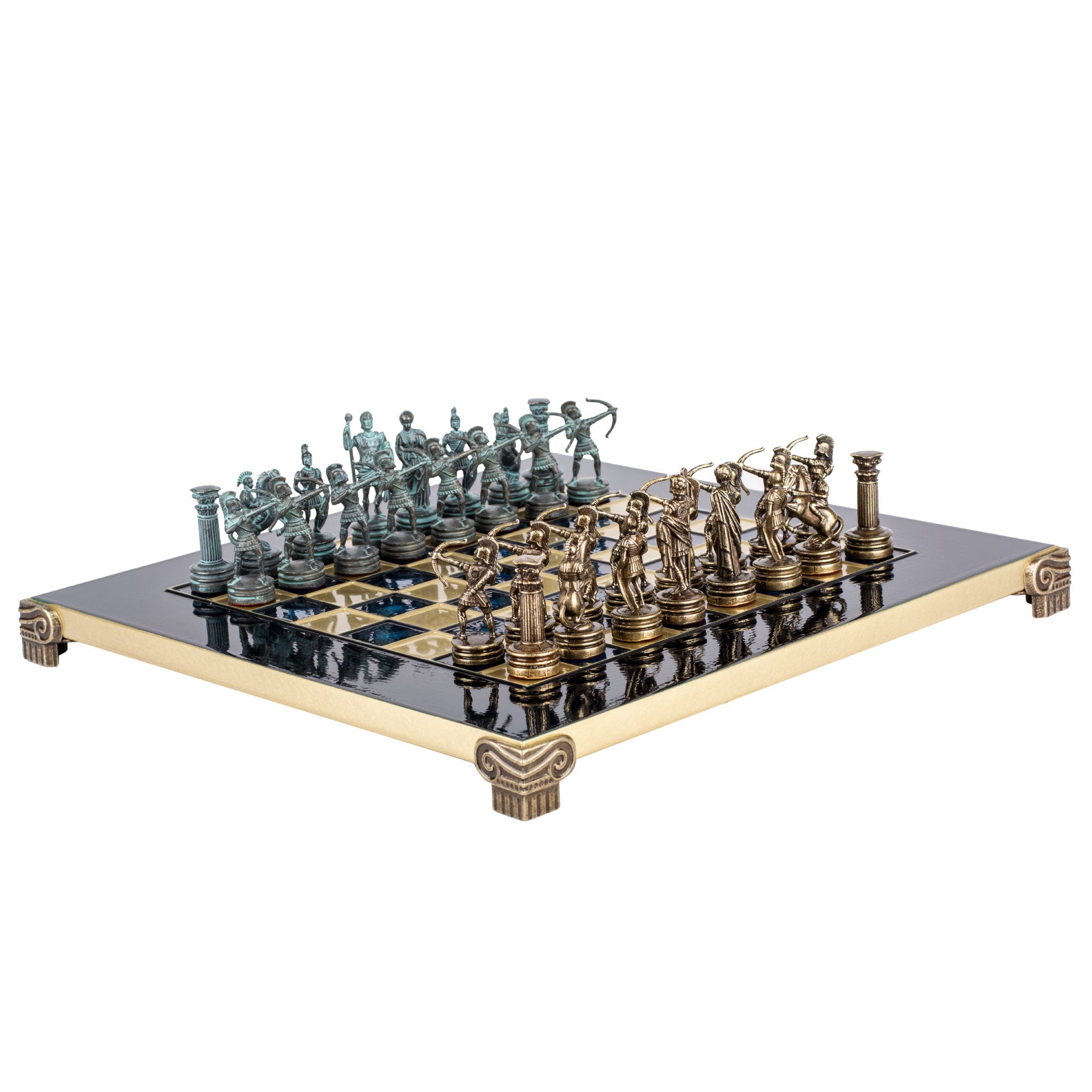 Handcrafted Luxury Archers Chess Set - Blue/Brass Chessmen and Bronze Chessboard (Small) - Premium Chess from MANOPOULOS Chess & Backgammon - Just €168! Shop now at MANOPOULOS Chess & Backgammon
