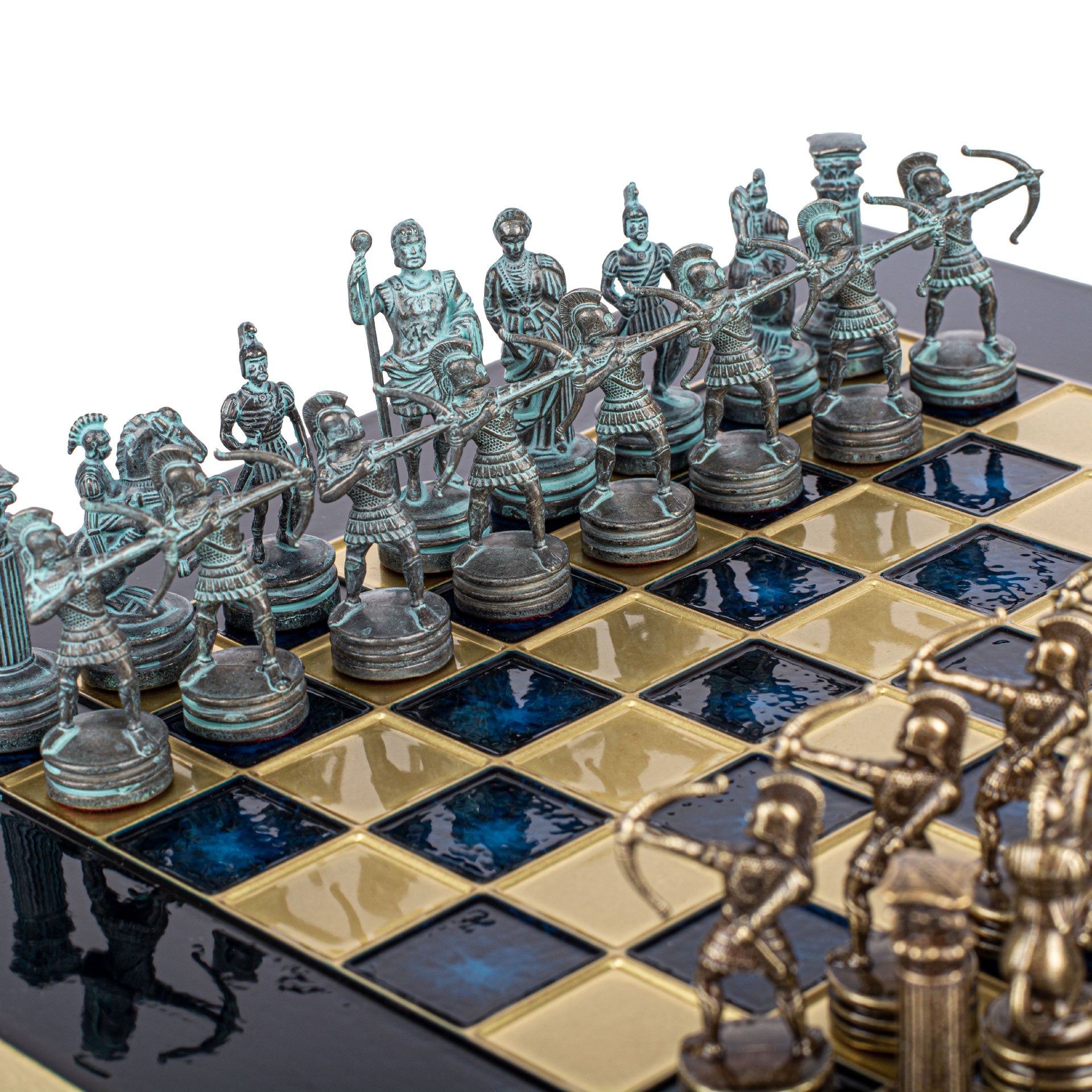 Handcrafted Luxury Archers Chess Set - Blue/Brass Chessmen and Bronze Chessboard (Small) - Premium Chess from MANOPOULOS Chess & Backgammon - Just €168! Shop now at MANOPOULOS Chess & Backgammon
