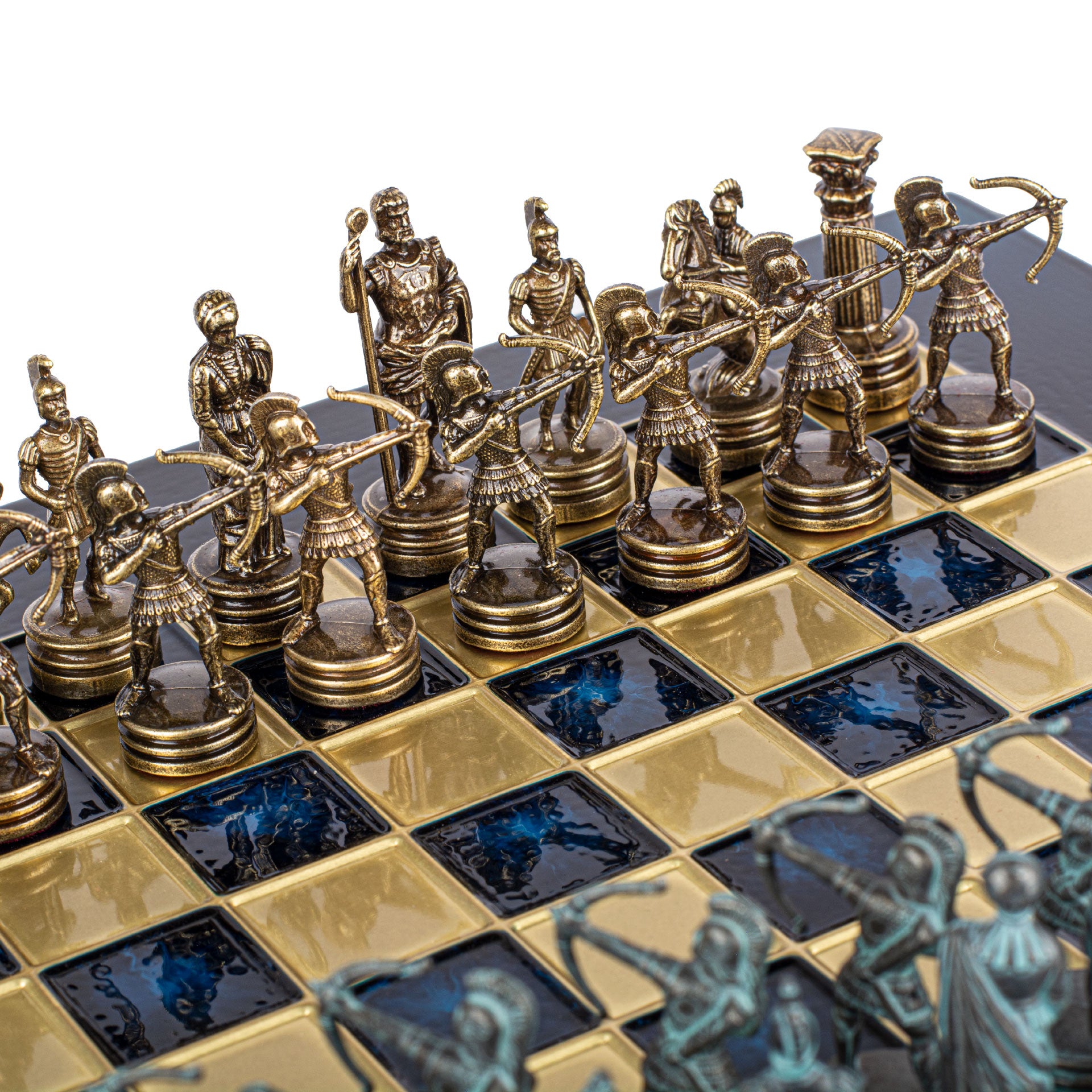 Handcrafted Luxury Archers Chess Set - Blue/Brass & Bronze Board